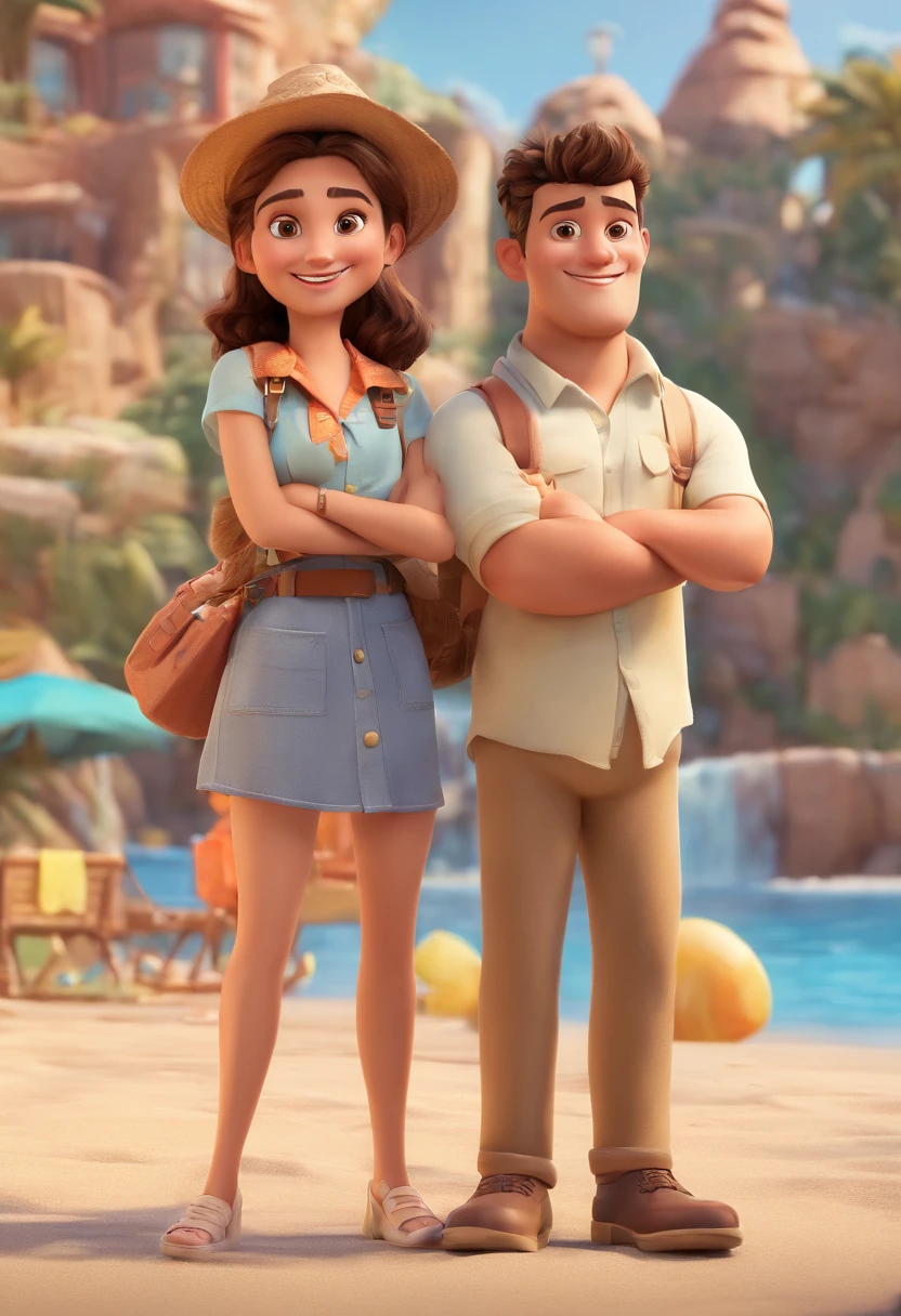 Cartoon of friends having fun on vacation together, 3D Animation Movie Poster, Poster de filme animado, pixar 3 d animation style, pixar renderman rendering, maia 8 mil, animated film, Disney Pixar Estilo 3D, amigos felizes saem juntos, all wearing light blue shirts and cream brown long pants, camisa azul clara, cream brown pants, ao ar livre, vacation, Disney Pixar Animation Poster