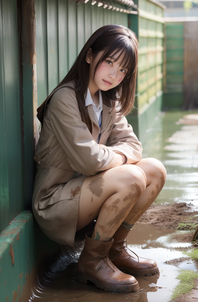 High school girl covered in mud、Reluctant、full body Esbian、Muddy uniforms、Idol face、Mud-stained feet and face