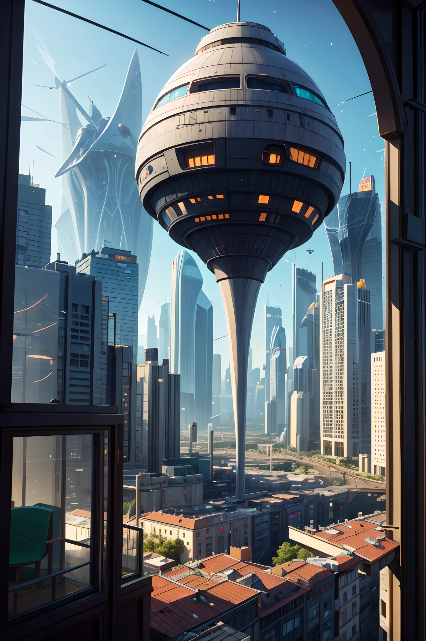 tmasterpiece,16k,UHD resolution,Detailed depiction,photorealestic,realisticlying,Very realistic,Foto realism, The ultra-detailliert, future-tech,Cidade futuristica,((Future girl by the window)),clean energy,Green environmental protection,Small flying machines sail around the city,Futuristic city with futuristic train and futuristic architecture at night, future concept art, Other future cities, in fantasy sci - fi city, Beautiful futuristic city, Utopian cities of the future, Conceptual map 16K resolution, concept art 8k resolution, The future city, futuristic space port, Conceptual diagram 16K, sci-fi hollywood concept art