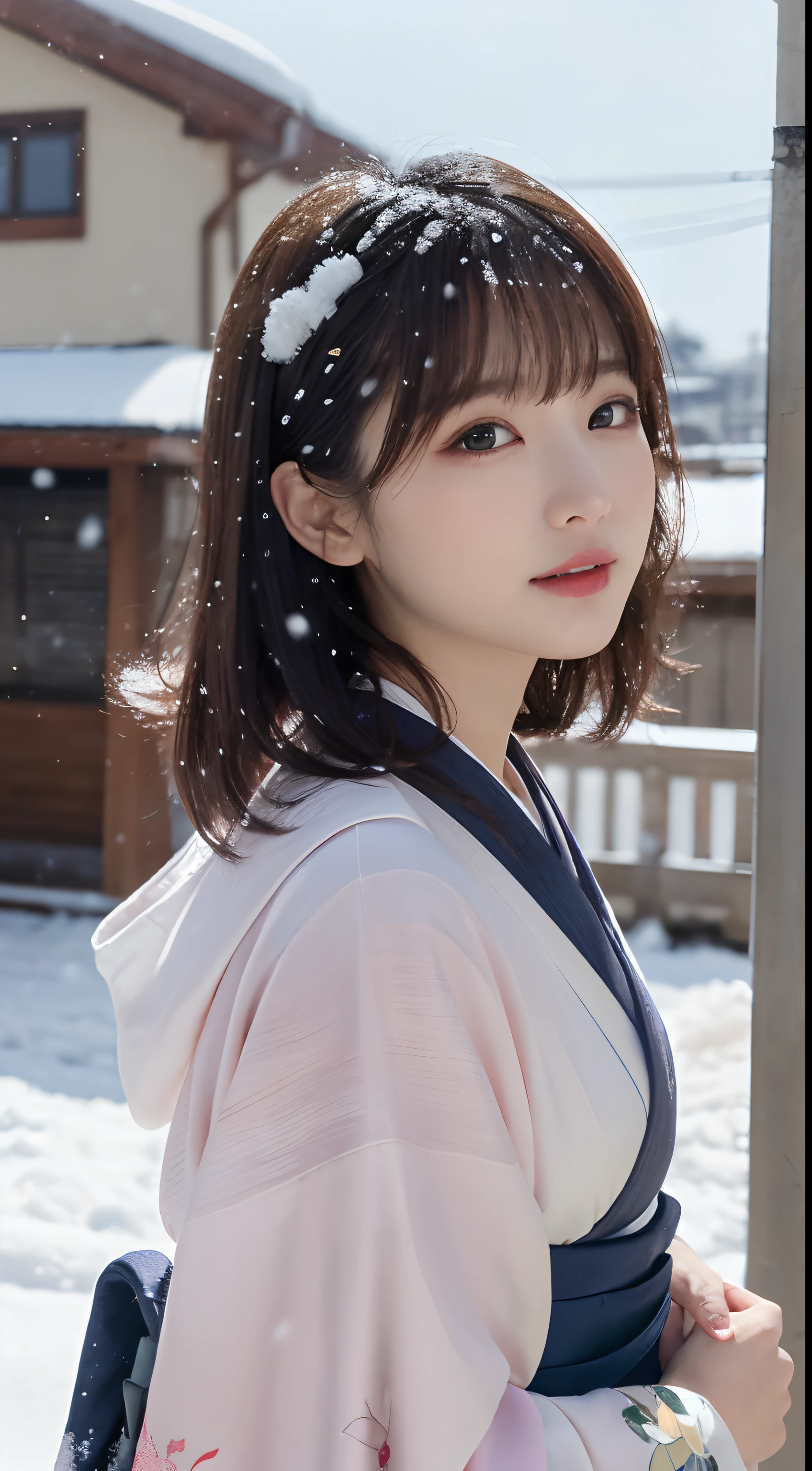 (Kimono)、、(top-quality,​masterpiece:1.3,超A high resolution,),(ultra-detailliert,Caustics),(Photorealsitic:1.4,RAW shooting,)Ultra-realistic capture,A highly detailed,high-definition16Kfor human skin、 Skin texture is natural、、The skin looks healthy with an even tone、 Use natural light and color,One Woman,japanes,,kawaii,A dark-haired,Middle hair,(depth of fields、chromatic abberation、、Wide range of lighting、Natural Shading、)、、(Falling snow:1.3)、(Hair swaying in the wind:1.2)、(Snow reflects light:1.3)