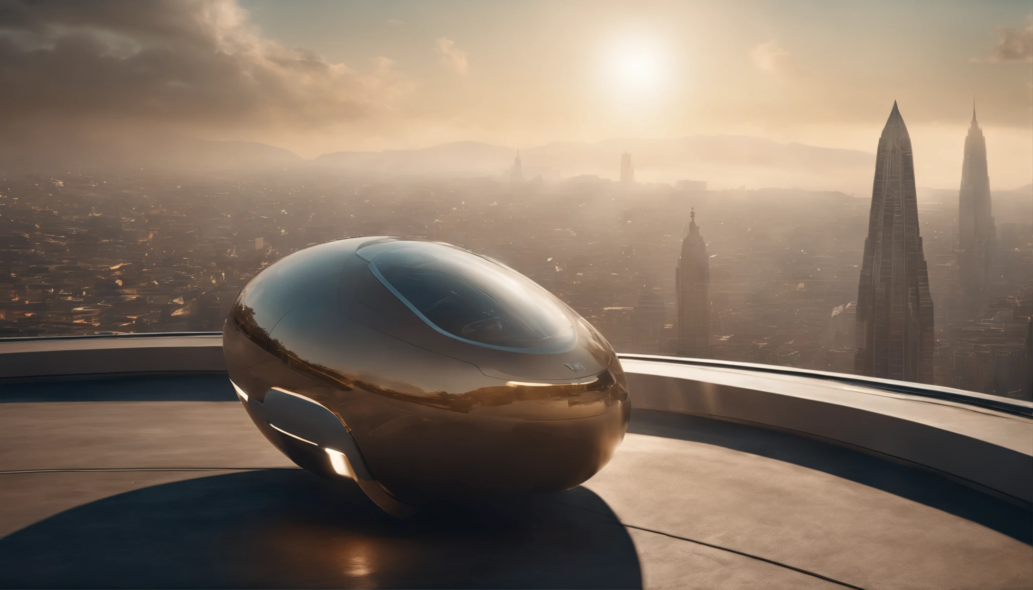 Carro futurista, designer oval, cabine transparente mostrando piloto, flying at altitude over a city with gleaming buildings on a planet illuminated by the midday sun, arte intrincada, detalhes precisos, fiction art, revista premiada, cinematic quality, 8K