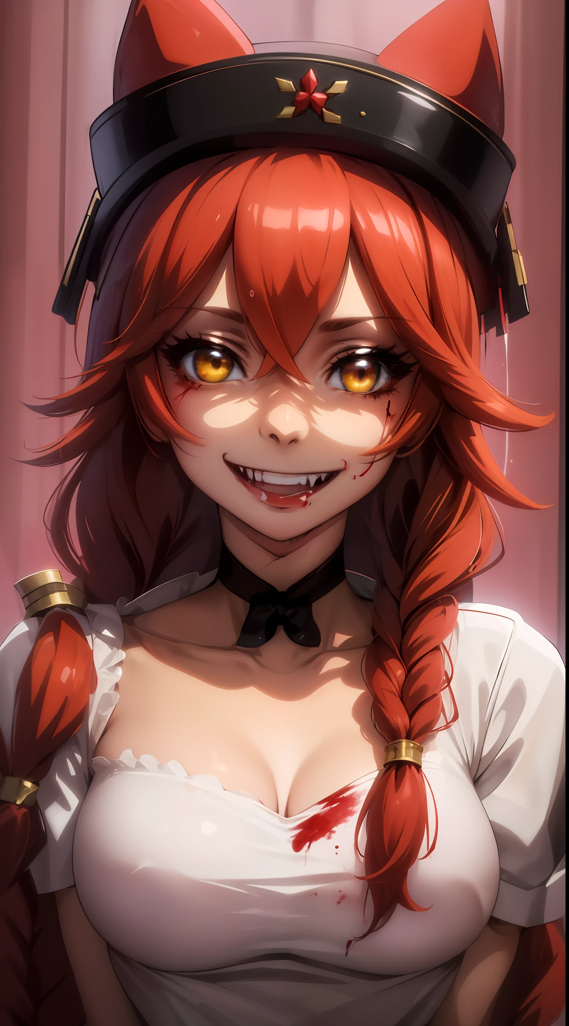 masterpiece, best quality, high quality, highres, absurdres, BETA, 1girl, solo, smile, animal hat, collarbone, portrait, black choker, upper body, ((evil, bloody, blood, sadistic, upper body, 
Medium breasts))