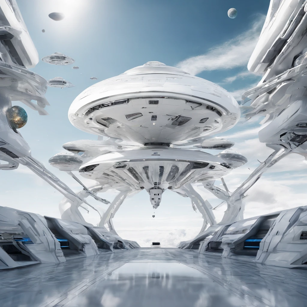 Futuristic alien spaceship, Flying over Xalood with new planets in space, White Sky, White backlight, Sateen,zipper, hyper realistic, Highly detailed,8K,With a clean white background