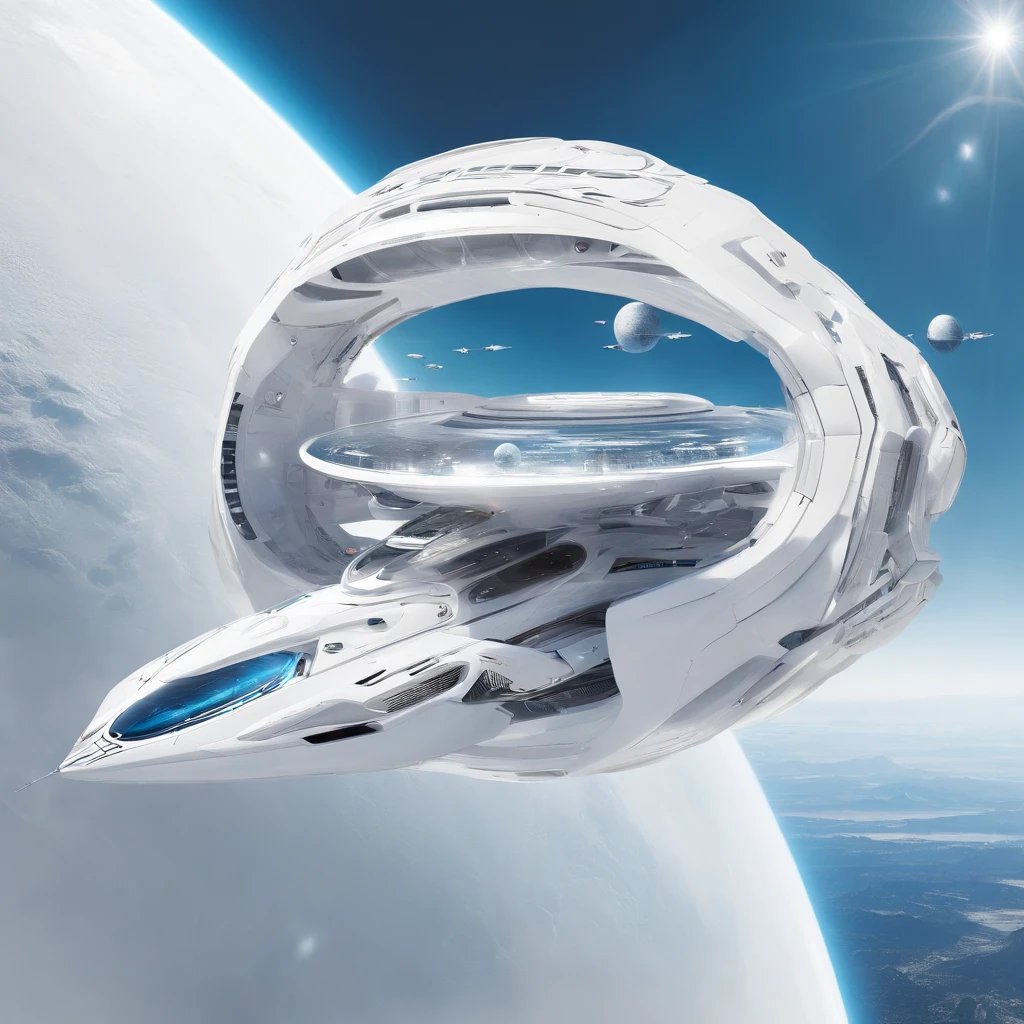 Futuristic alien spaceship, Flying over Xalood with new planets in space, White Sky, White backlight, Sateen,zipper, hyper realistic, Highly detailed,8K,With a clean white background