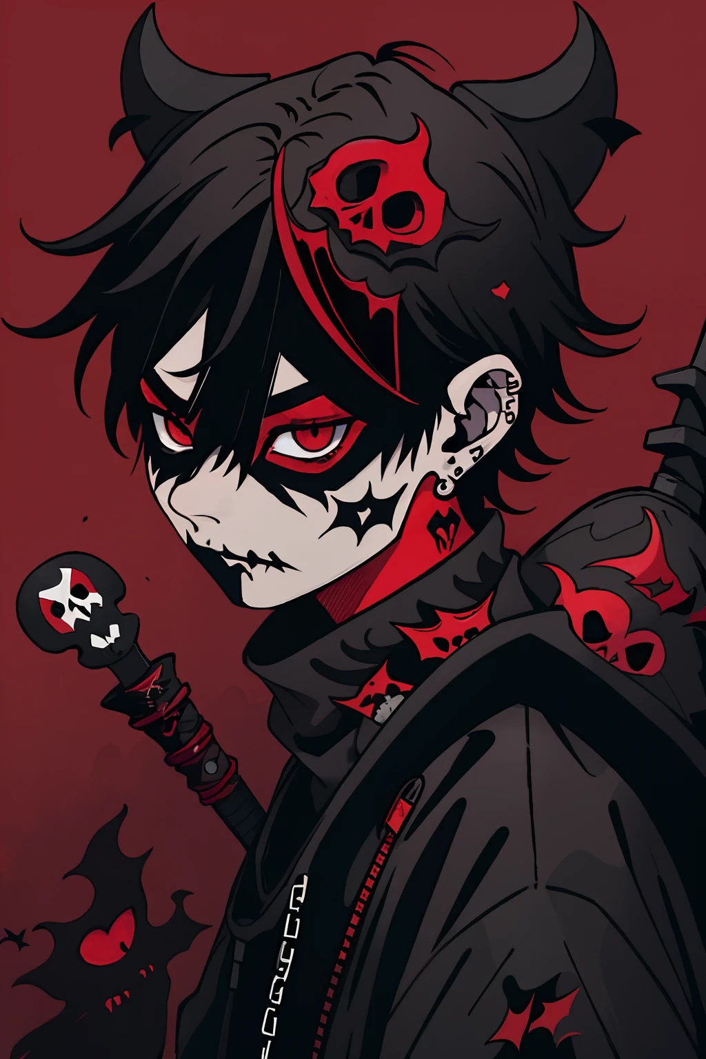 araffe dressed in a black and red outfit holding a skull, an album cover inspired by Taro Yamamoto, tumblr, vanitas, bladee from drain gang, with black metal face paint, felix englund style, creepy themed, face and skin is dark red, villain, kabuki makeup, fullbody painting, red and black tones