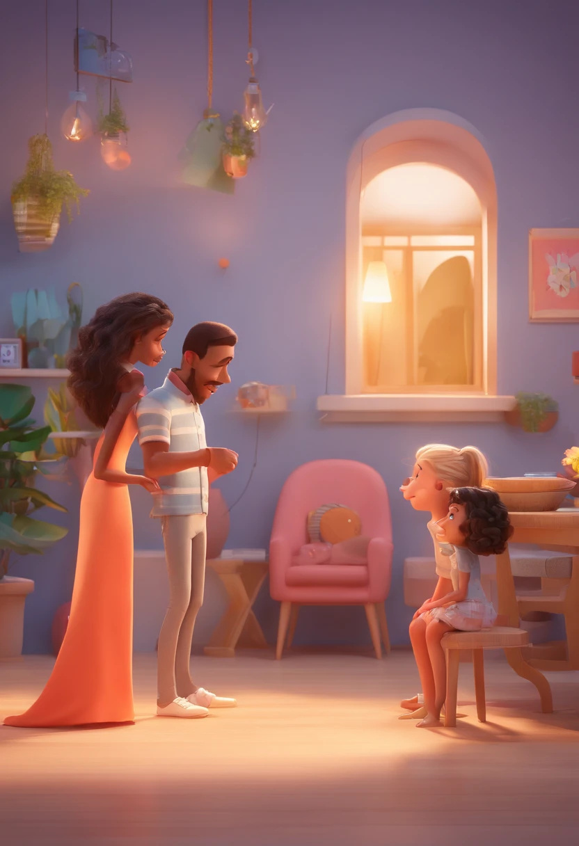 An illustration of an adorable couple, destacando um homem e uma mulher com bonito, Expressive eyes – the man's skin is black and the man's hair is bald and black, while the woman's skin is black and the woman's hair is curly and brown. They are a bright room, cada um com um sorriso no rosto, e compartilhar um momento especial caracterizado pelo amor, arroz, e insights educacionais. Illustrate this scene from a perspective where they are facing away from the camera, Showing Your Connection. Desenvolva esta arte em Full HD, Focus on your cinematic touch, Estilo Disney Pixar Animations