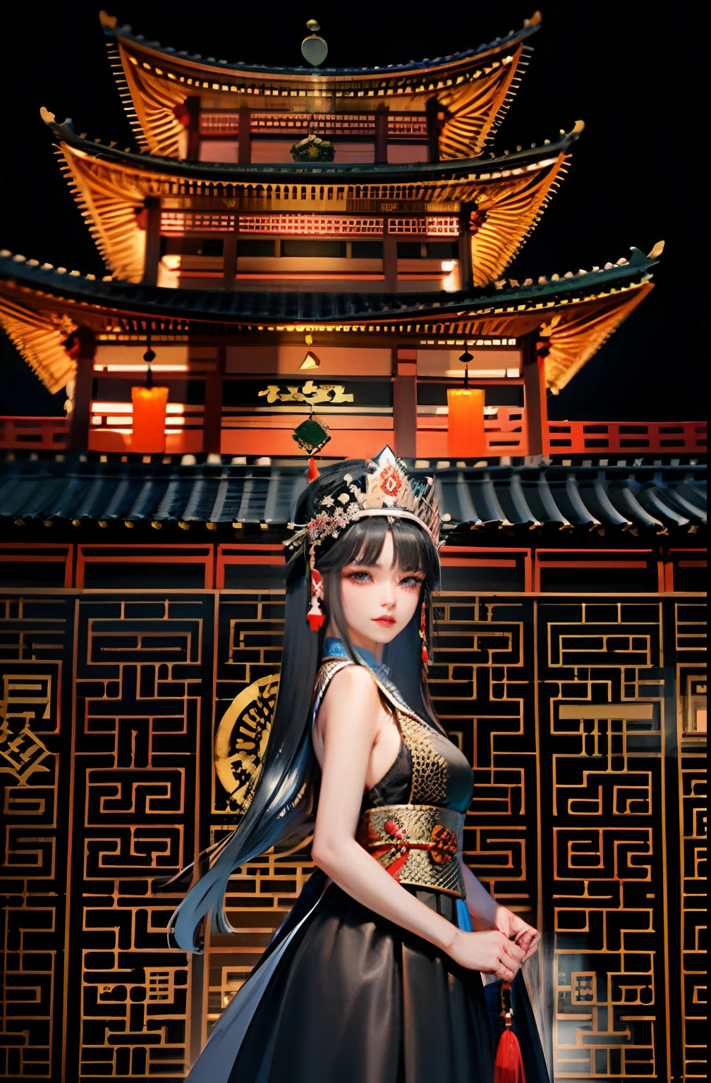 Alafi woman in a black dress and silver hat, tai traditional bronze headdress, traditional tai costume, Chinese traditional, Traditional beauty, Palace ， A girl in Hanfu, intricate chrome headdress, Chinese woman, inspired by Tang Di, Traditional Chinese clothing, traditionalcostumes, Chinese costume, Chinese girl, Chinese style, inspired by Jin Nong, Hanfu