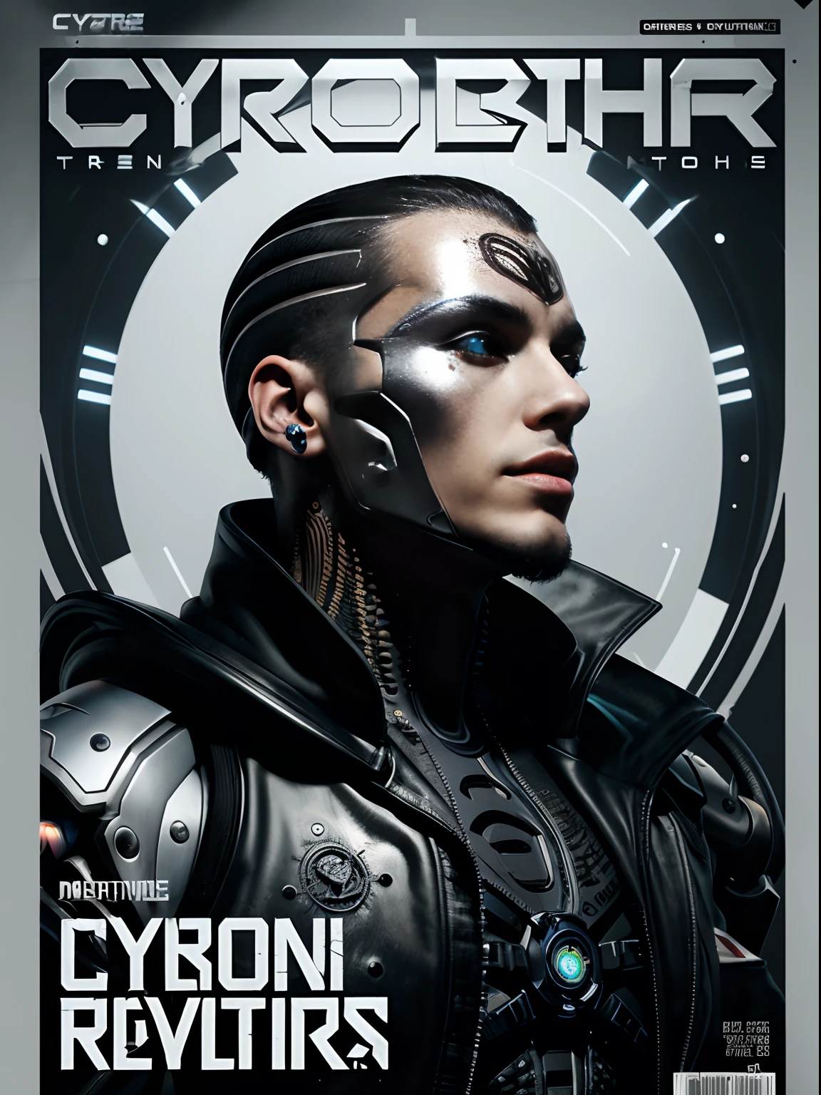 Cybernetic Revolutionaries, european male, magazine cover, poster art , Lovecraftian horror tattoos, bold huge text, matted design layout, strong, bold inking techniques, Metallic Silver and Gunmetal Gray: These colors are often used to represent the metallic components of cyborgs, giving them a sleek and futuristic appearance.