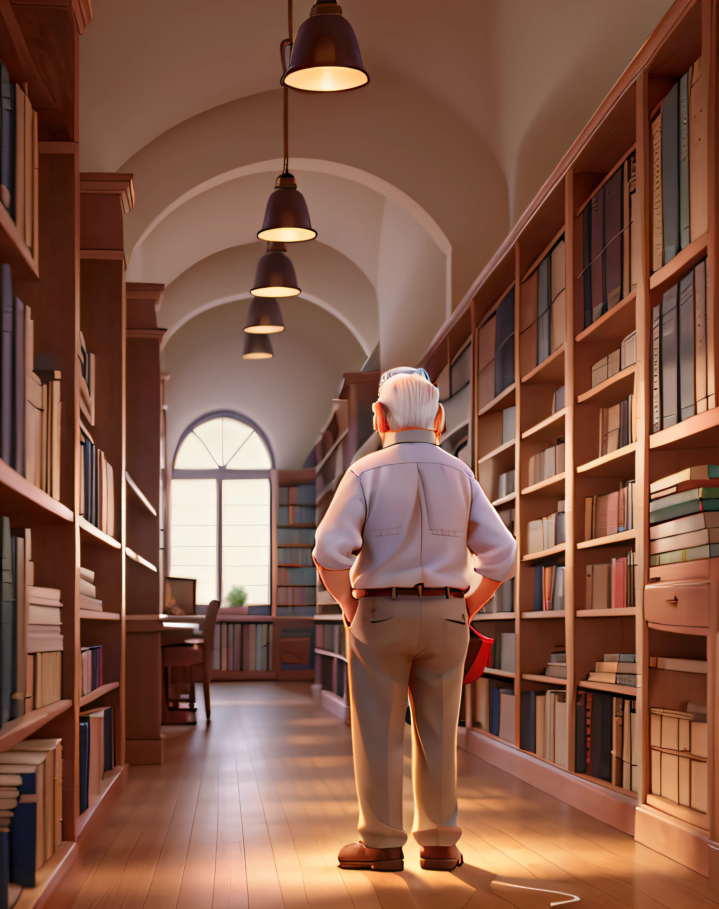 A wise old man standing in front, illuminated by the light of a lamp, against the backdrop of a library