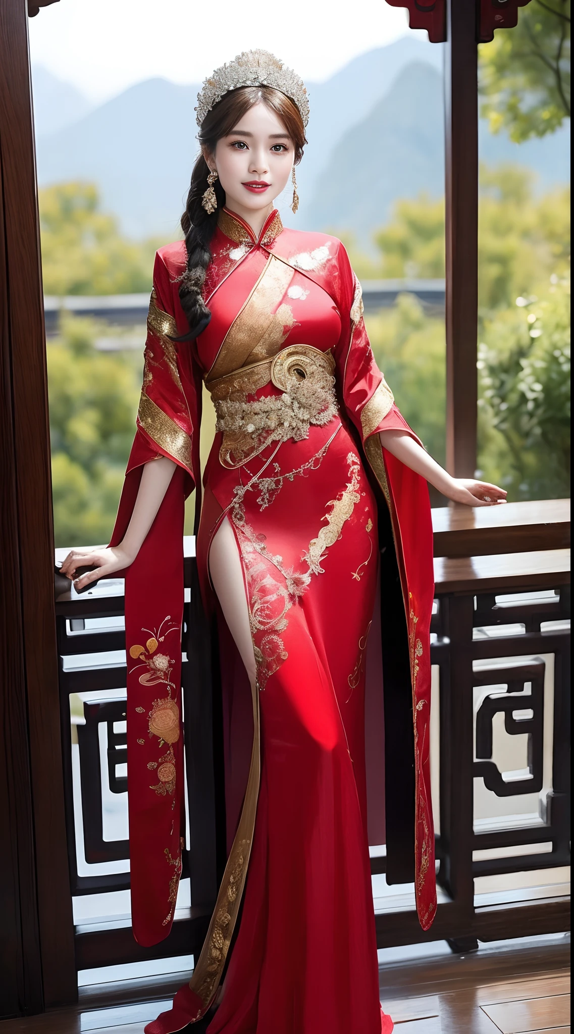 (8k, RAW Photo, Best Quality, Masterpiece: 1.2), (Realistic, Realistic: 1.37), 1 Girl, A big breasts women, Aalfi Woman Posing for Photo in Red Dress and Headdress, Gorgeous Role Play, Beautiful Costume, Complex Fantasy Dress, Beautiful Fantasy Queen, Chinese Dress, Complex Dress, Complex Costume, Traditional Beauty, Gorgeous Chinese Model, Chinese Costume, Inspired by Lan Ying, Wearing Gorgeous Costume, Inspired by Puhua, wearing elegant Chinese Xiuhe dress, Chinese wedding dress, Phoenix crown Xia hand, antique bride