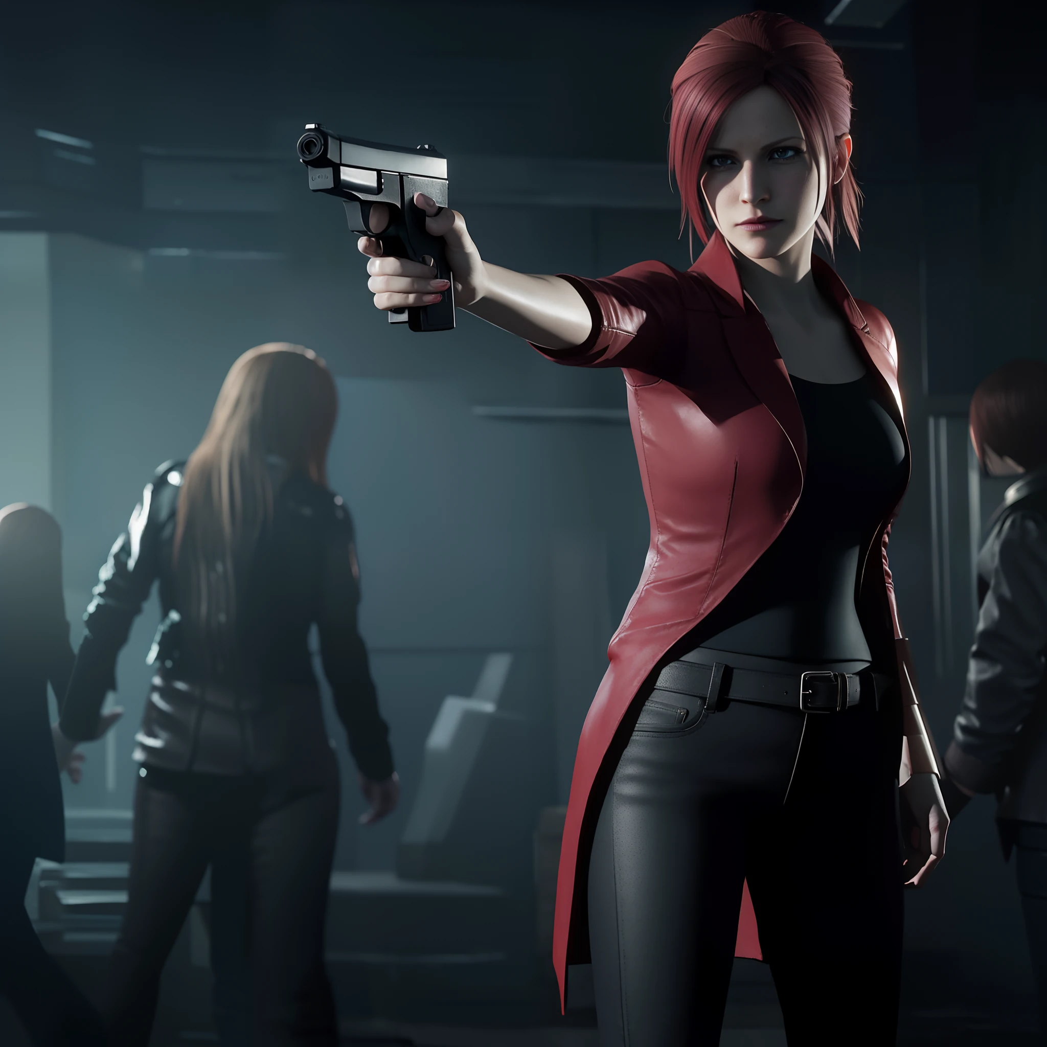 Claire Redfield 40 years old, beautiful face, shy, looking at viewer, very long red hair, perfect Face, black jeans, red long coat with black t-shirt, red nail polish, friendly face, glare, holding a gun