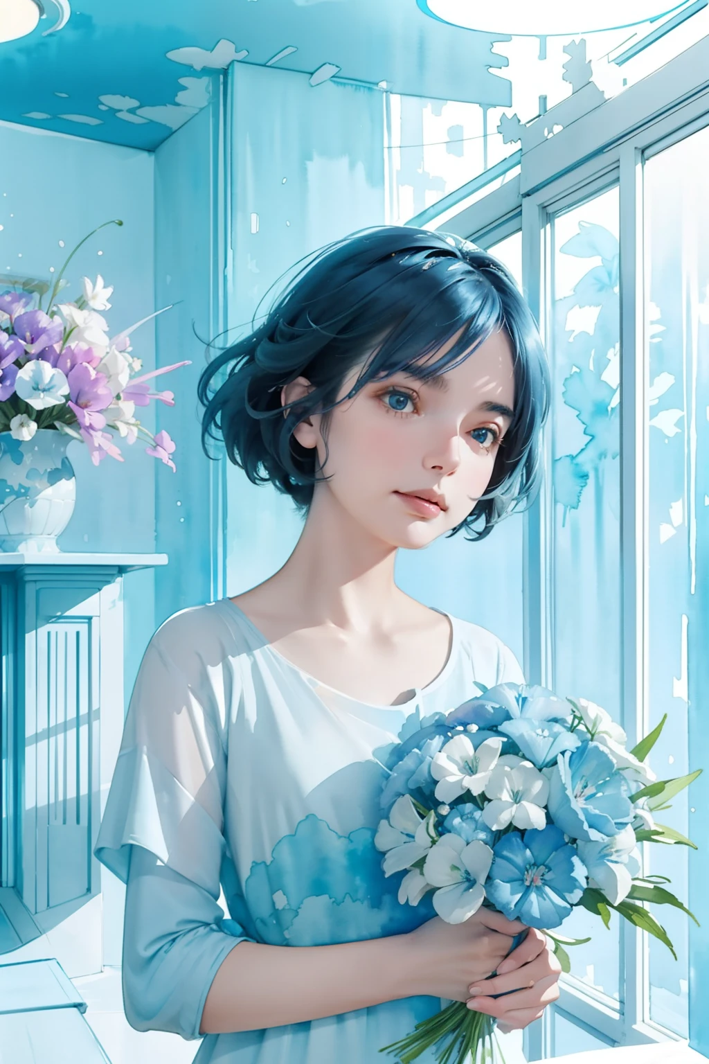 1girl,flower, Lisianthus ,in the style of light blue and cobalt, dreamy and romantic compositions, pale pink, ethereal foliage, playful arrangements,fantasy, high contrast, ink strokes, explosions, over exposure, blue and light blue tone impression , abstract, ((watercolor painting by John Berkey and Jeremy Mann )) brush strokes, negative space