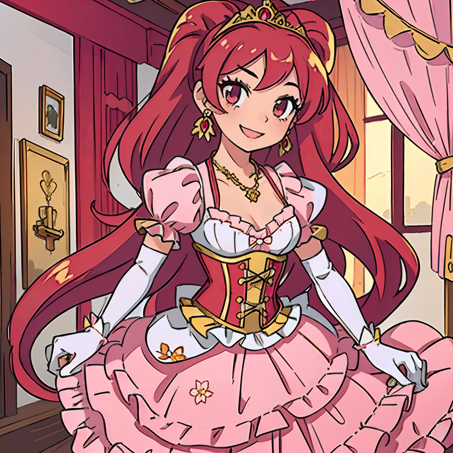 Pretty 15 years old princess, drawn in anime style, long red pigtails hair, pink eyes, small breast, lipstick, steampunk, Floral red and white gown with puffy sleeves, corset, ribbons, white elbow gloves, ruby earrings and necklace, gold tiara, high heels, in castle bedroom, smiling elegantly.