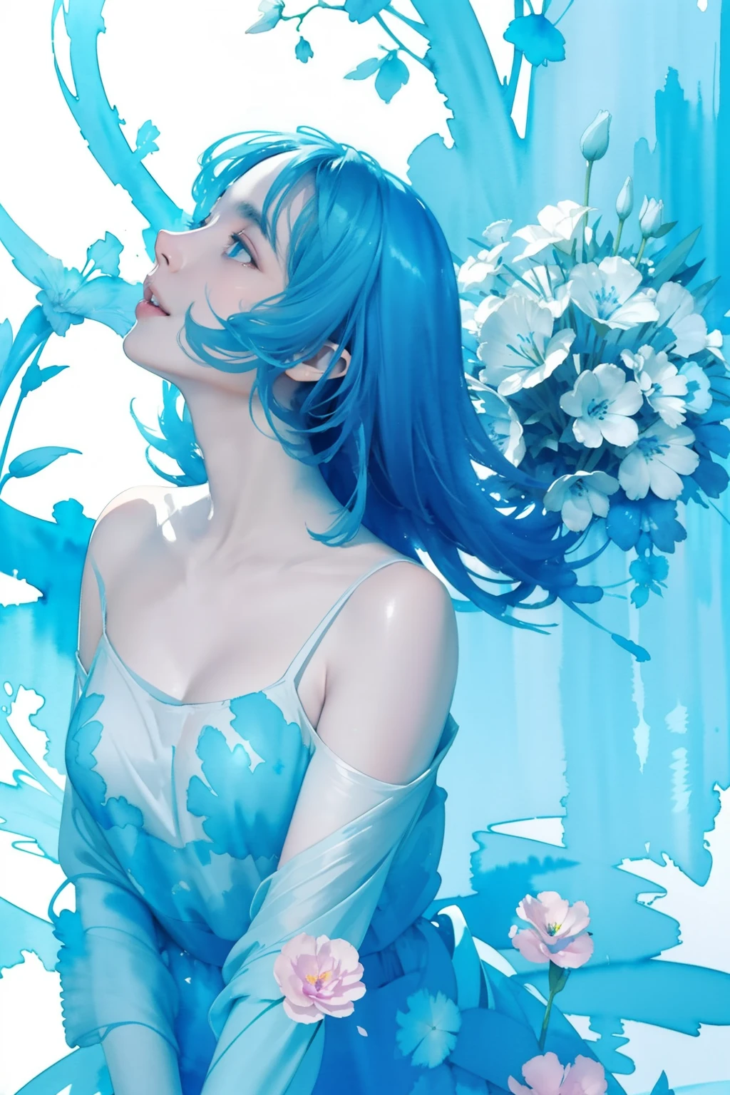 1girl,flower, Lisianthus ,in the style of light blue and cobalt, dreamy and romantic compositions, pale pink, ethereal foliage, playful arrangements,fantasy, high contrast, ink strokes, explosions, over exposure, blue and light blue tone impression , abstract, ((watercolor painting by John Berkey and Jeremy Mann )) brush strokes, negative space