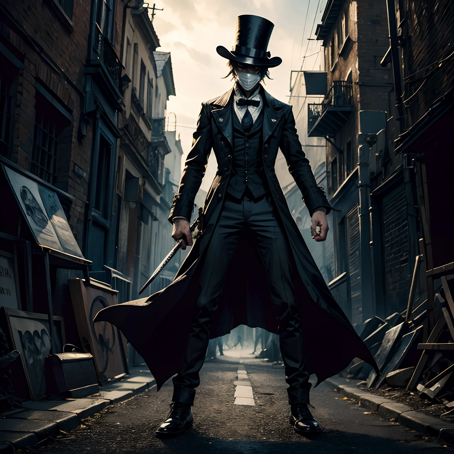 Jack The Ripper, full body, wearing creepy mask, holding dagger, wearing top hat --auto