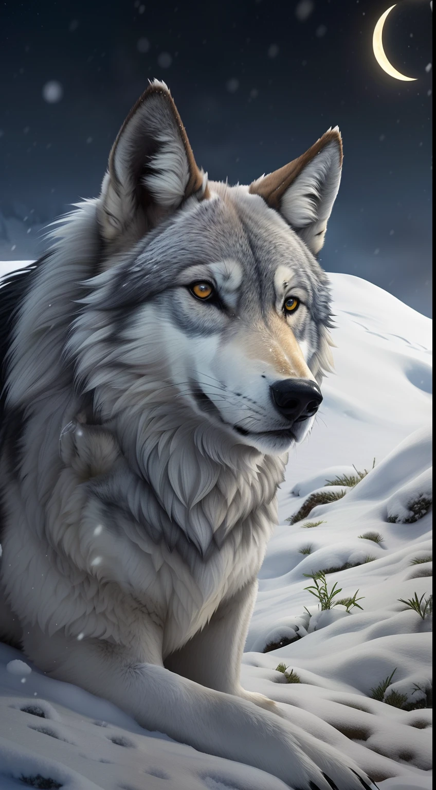 There's a wolf that's sitting in the snow, retrato do lobo da fantasia, retrato do lobo, grande lobo, lobo, lobo cinzento escuro, companheiro lobo, lobo peludo, lobo branco, Lobo cinzento escuro O'Donnell, lone wolf, dire wolf, Arte detalhada 4k, foto de lobo, Lobo em um campo de neve, Arte digital detalhada em 4k, pintura detalhada 4K