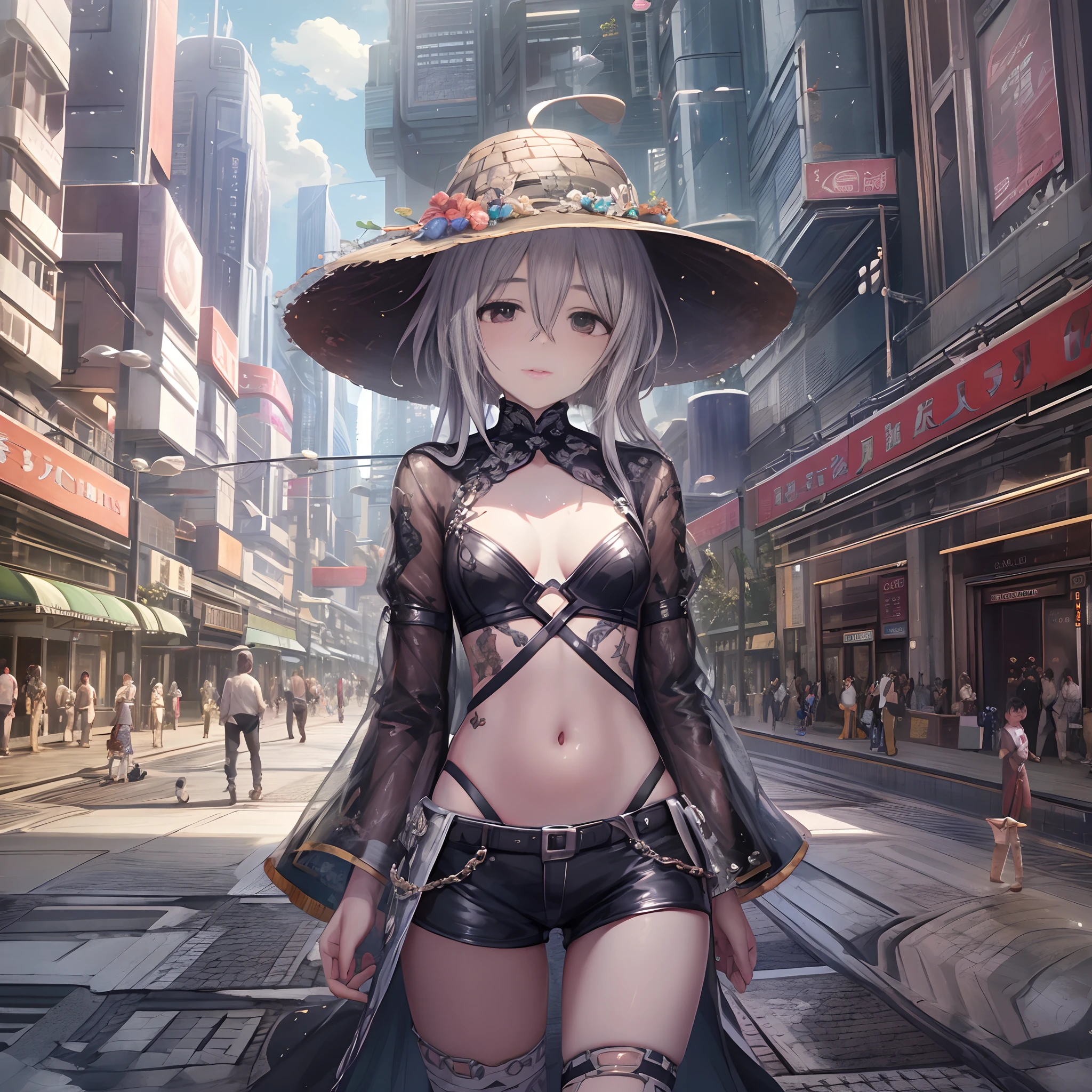 masterpiece,high-level image quality,hightquality,cowboy shot,The Idolmaster Cinderella Girls,Xinghuizi,silber hair,Longhaire,Ahoge, body,Short stature,Ultra-flat breasts,small tits,Deficiency of milk,Stomach out,Exposed groin,Exposed thighs,lane,Walkway,Bolides,Buildings,Maitake,mushrooms,mushroom,Matango,Passerby of the mushroom man,Passerby of the mushroom woman,A modern city eroded by mushrooms,Giant hat of mushrooms,Microcropped mushroom tops,Micro Low Rise Mushroom Shorts