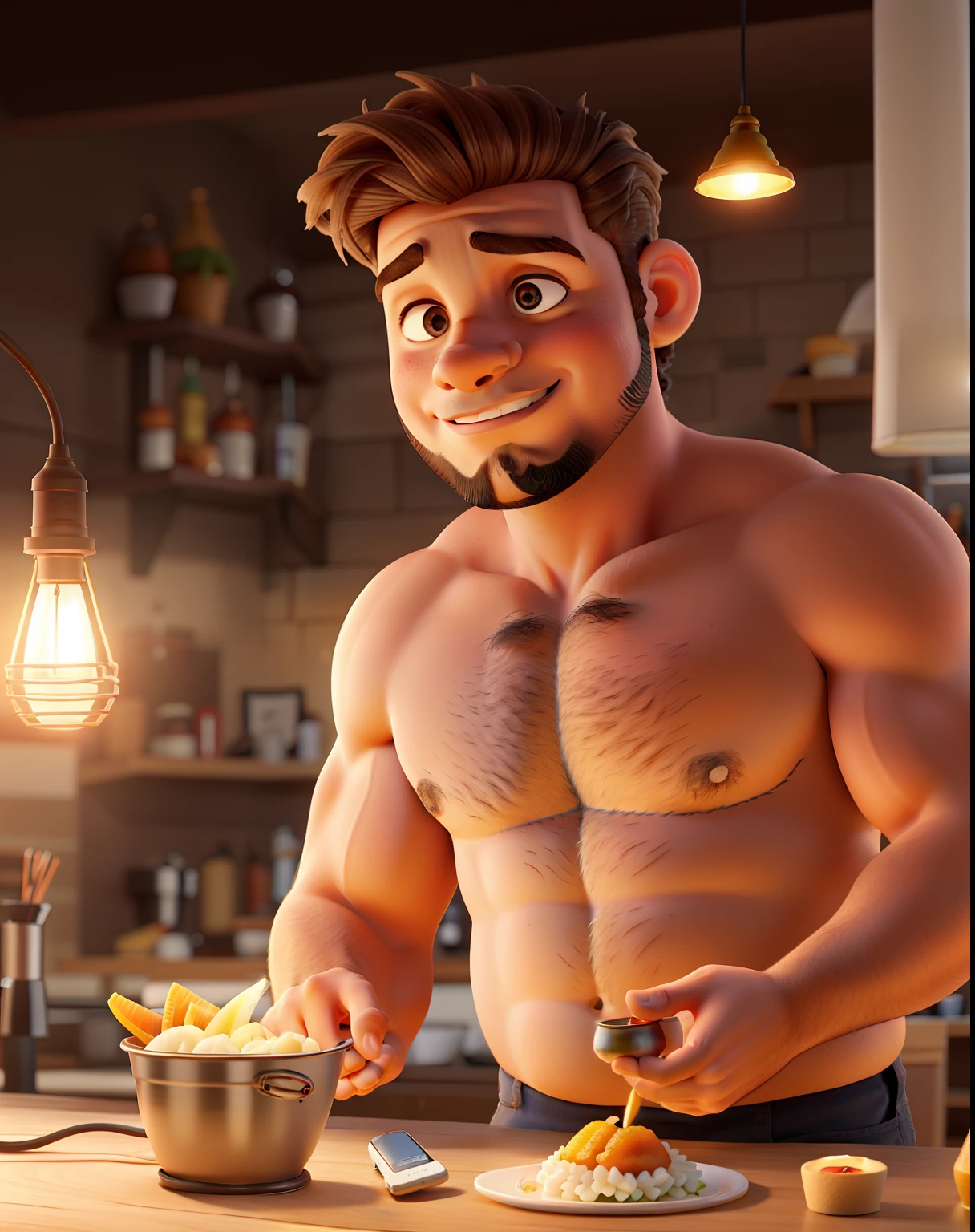 Um gordinho de cabelo cortado em volta de uma cadeira de barbeiroaltura de 1,70, illuminated by the light of a lamp, contra o pano de fundo de uma barbearia