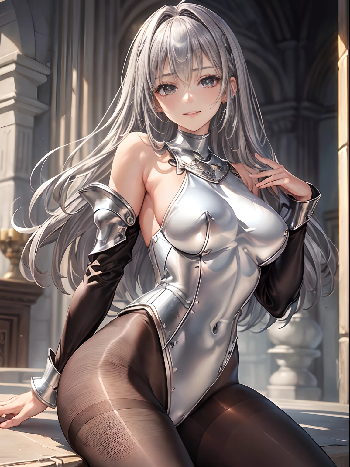 top-quality、Full limbs、complete fingers、((one beautiful women))、Beautiful Large Breasts、Medium Hair、straight haired、Silvery hair、((Women in black long sleeve high neck leotard))、((Brown pantyhose:1.2))、A big smile、Woman knight、((Silver Shoulder Rest、Silver breastplate、Silver Gauntlet))、in a castle