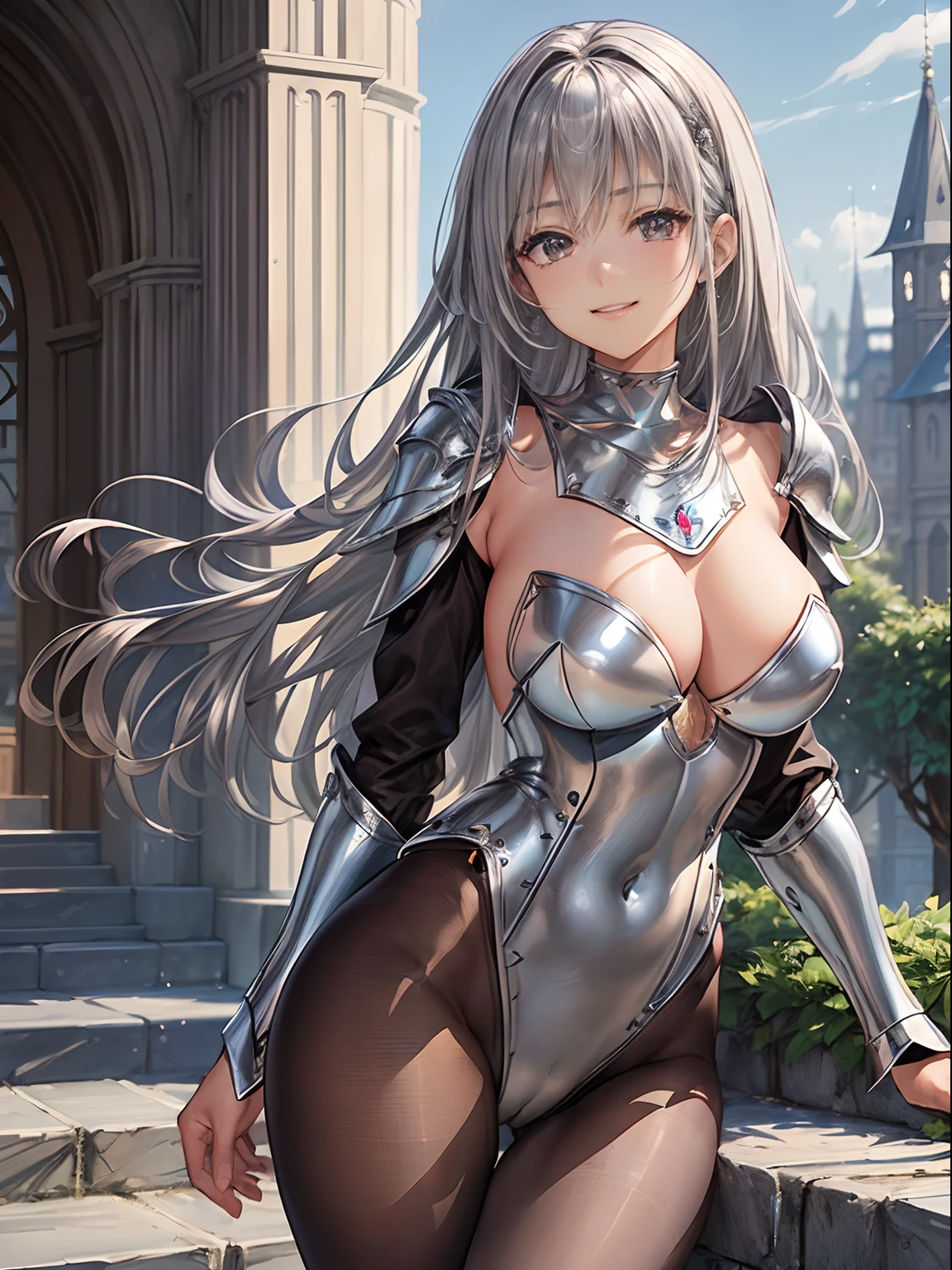 top-quality、Full limbs、complete fingers、((one beautiful women))、Beautiful Large Breasts、Medium Hair、straight haired、Silvery hair、((Women in black long sleeve high neck leotard))、((Brown pantyhose:1.2))、A big smile、Woman knight、((Silver Shoulder Rest、Silver breastplate、Silver Gauntlet))、in a castle