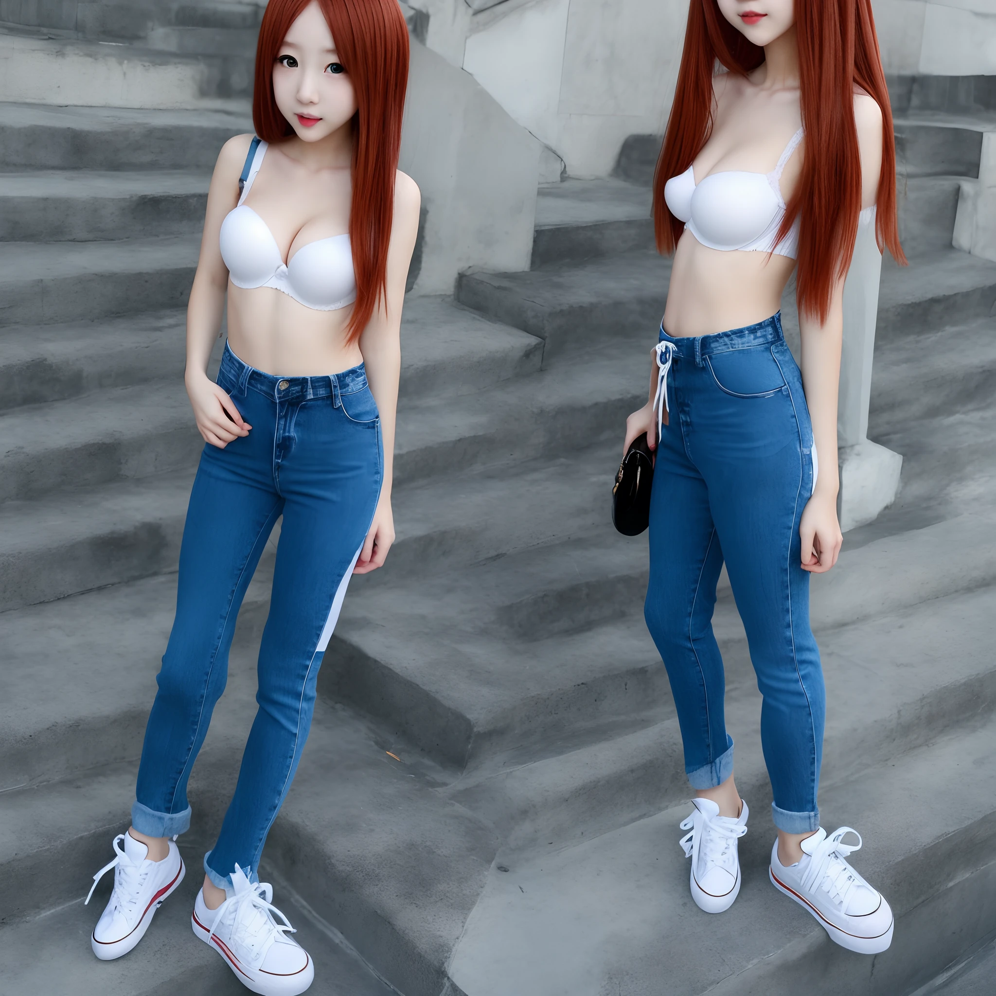 Anime girl in bra and jeans and sneakers