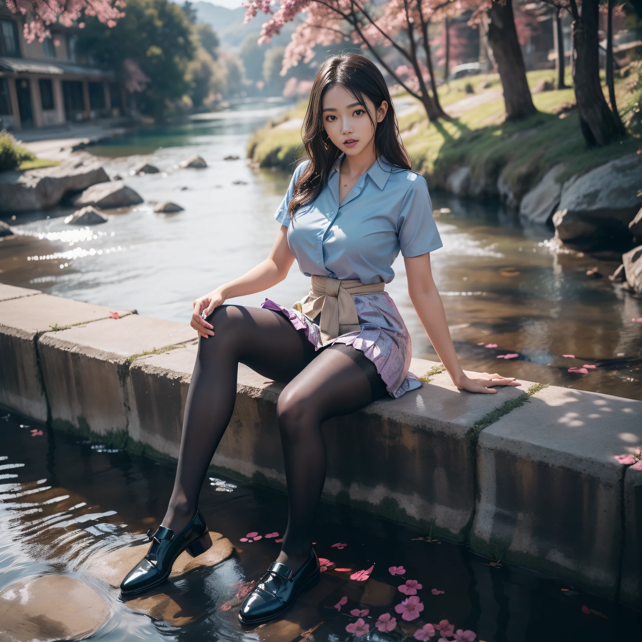 (Full body:2)，(1girl in:1.3),(view the viewer:1.4)，(anatomy correct:1.45),(Sitting by the creek,:1.35),(Reflective Carbon Fiber Pantyhose:1.4),(Mature sensual woman wearing printed fantasy nurse suit JK student uniform pleated skirt and polished jk uniform leather shoes :1.35)，(Woman with big buttocks, breasts, and a thin waist:1.4), (Light particle effect:1.3),(in pink | amarelo | Blue color| in green |Red color | white colors| The color is black| purpleish color| greys| Beige| Skin color 1.4)，(Glowing eyes:1.3),(Large amplitude action: 1.3)，(Accurate and perfect face:1.4),hyper HD, Ray traching, reflective light，Structurally correct, awardwinning, high detailing, Lighten the shade contrast, Face lighting ，cinmatic lighting, masutepiece, super detailing, High quality, high detailing, Best Quality, 16 K，High contrast,