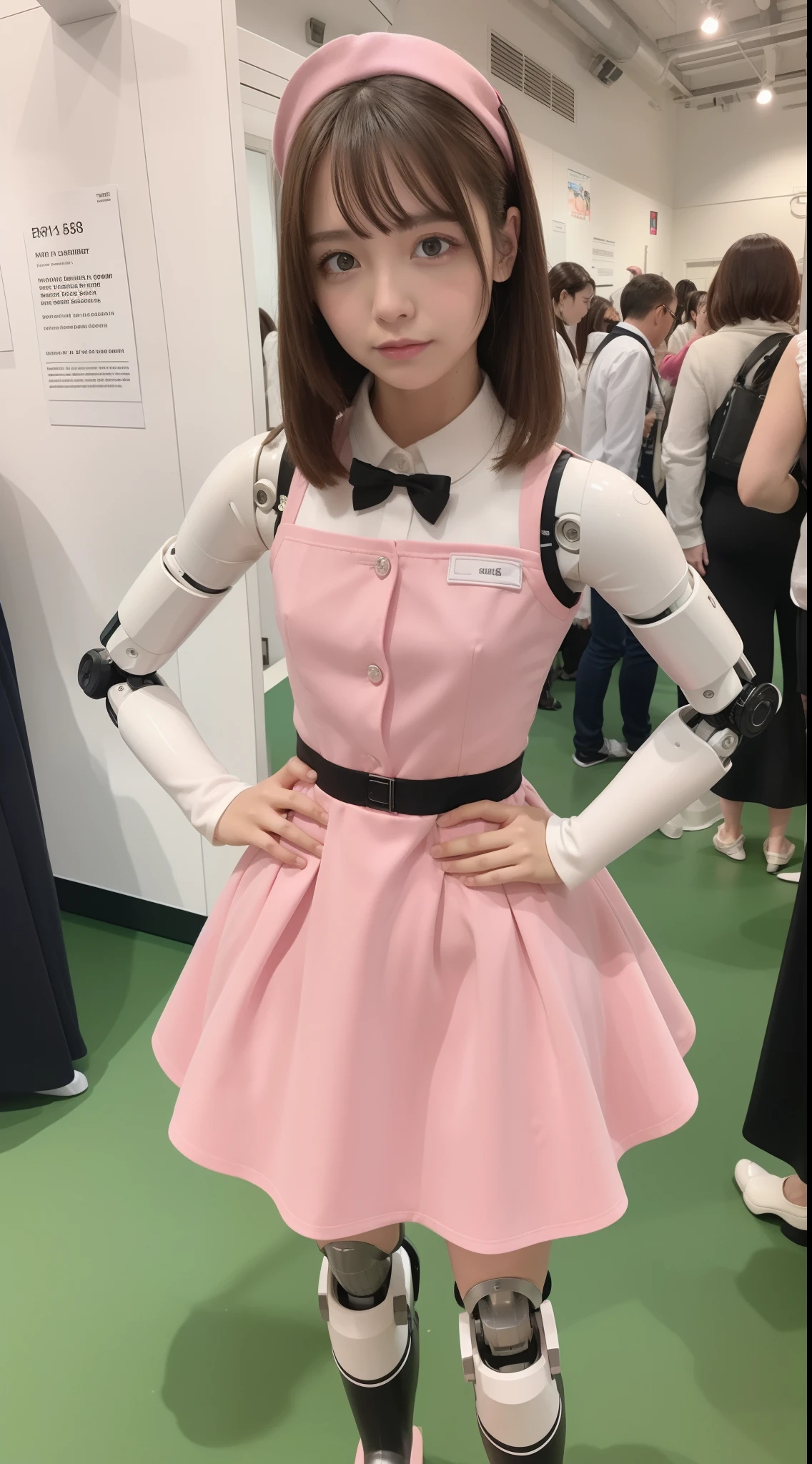Robot Girl, pink there, Silver, Metallic body, Robot Parts, Metal Parts, Super Detailed Face, Super well-formed face, of the highest quality, a small face, small head, Brown hair, Slender body, Camera gaze, Internal Mechanical Exposure, Idol, front facing, Well-proportioned body, sale, exhibition, Event Hall, Moe Pose, pink Maid Dress Machine Armor, Standing with legs open, Hands on hips, Model body type, sad, Embarrassing,(Perfect Robot Girl),(Perfect machine body)