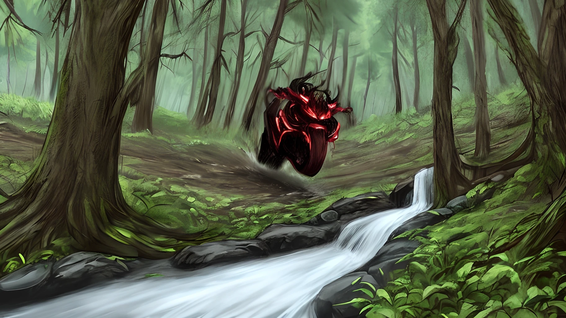 Rivers cumo drenched in blood being chased through a forest by a black metal musician, cryptid spooky low quality image