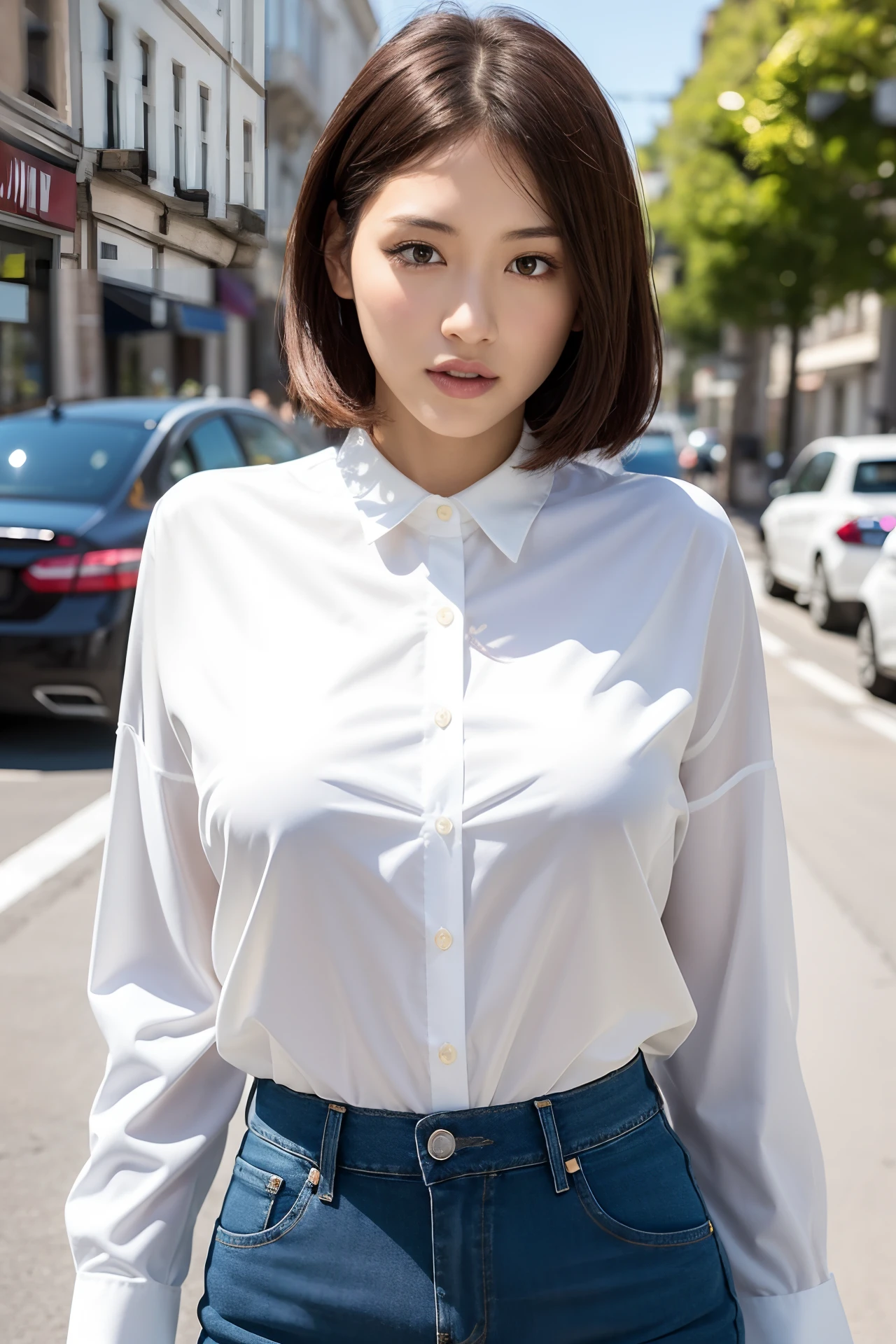 jeans,White shirt,Street,1girl in,Shiny skin,Sexy Pose,Best Quality,masutepiece,Illustration,extremely delicate and beautiful,nffsw,8K Wallpaper,amazing,finely detail,Official art,Highly detailed ticker Unity 8k wallpaper,unbelievable Ridiculous,huge filesize,Ultra-detailed,hight resolution,Extremely detailed,Beautiful detailed girl,Realistic,X-ray,full frontal,