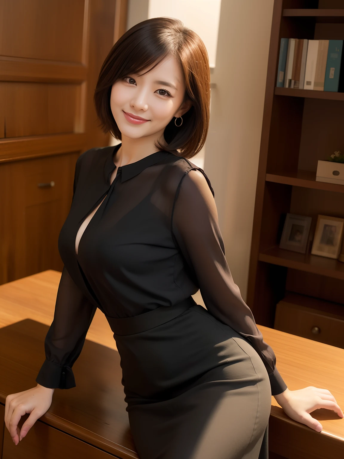 ((masterpiece))、((top-quality))、a picture、Realisticity、high-level image quality、ultra-detailliert、married woman、age 40s、Delicate facial features、short-hair、Realistic backgrounds and accessories、large full breasts、Sexy smile、s Office、meeting room、wide Shots、Loose black open blouse、tight skirts、Sit on a desk and cross your legs、Back lighting、((Yuki Saito))、