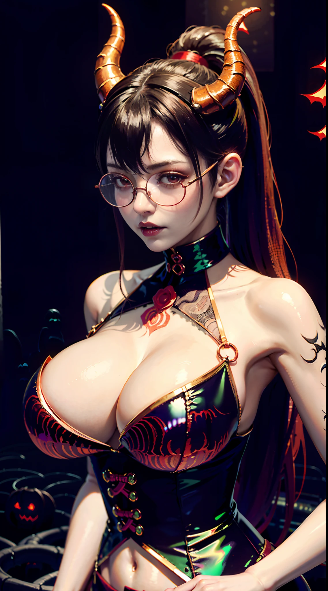 Wearing glasses、there is a woman in a corset posing for a picture, goddess of Japan, seductive tifa lockhart portrait, an oppai cyberpunk, Bewitching beauty with glasses, biomechanical oppai, Tifa Lockhart, anaglyph effect ayami kojima, sakimichan hdri, gorgeous chinese model, 8k artgerm bokeh, cinematic bust shot, Hyper realistic anime、Photorealsitic、(High Detail Skins:1.2)、 (Intricate details, makeup, pureerosface_v1:0.5), (Detailed beautiful delicate face, Detailed beautiful delicate eyes, A perfectly proportioned face, High detailed skin, Detailed skin, best ratio four finger and one thumb, arms below breasts, Tattoo with a red glow under the stomach、Awesome awesome, wide hips, smooth midriff, skiny and thin, __Fashion__, __hair__:1.25)、Digital SLR、 absurderes、1 beautiful devil woman from hell, surreal female portraits by David Hockney and Alphonse Mucha, Portrait of a seductive woman、Fantasy Art, Chinese Doll、Chinese actress、Dungeon、The dragon、Devil's Palace、Devil's Torture Chamber、natta、Dark style 、In the Dark、(Detailed spooky backgrounds:2), magia、 1人、Evil Nun、Dark Necromancer、Succubus、Devil's Daughter、Umi Shinonome、Bat Wings,(((Demon Horns)))、 ((((Huge glasses, Otaku Glasses, thick glasses, Round glasses)))),(((Colossal tits)))、(Devil's Tail)、(red eyes glowing:1.6)、red eyes make up very sharp and detailed, The eyes are very well made up, ((Red Eye:1.0)),intricate tattoos, demonic intricate tattoos, thigh tattoos, body tattoos, masterpiece、The most beautiful face、a baby face、Charming smile、plump beautiful red lips、Muscular seductive body、The enchanting body of the devil、devil style、Seductive Black Magic Costume、(((A shiny red snake is wrapped around her body)))、The long-haired、Braids、white hair、Ponytail distortion、, Ponytail with a bow tied at the back of the hair, Beautiful expression、Body Up、Large breasts emphasis、Bust, Super tight breasts, Breast augmentation surgery, The breasts are very big and round and round,Toned waist、Wide buttocks、 lowkey, cowb