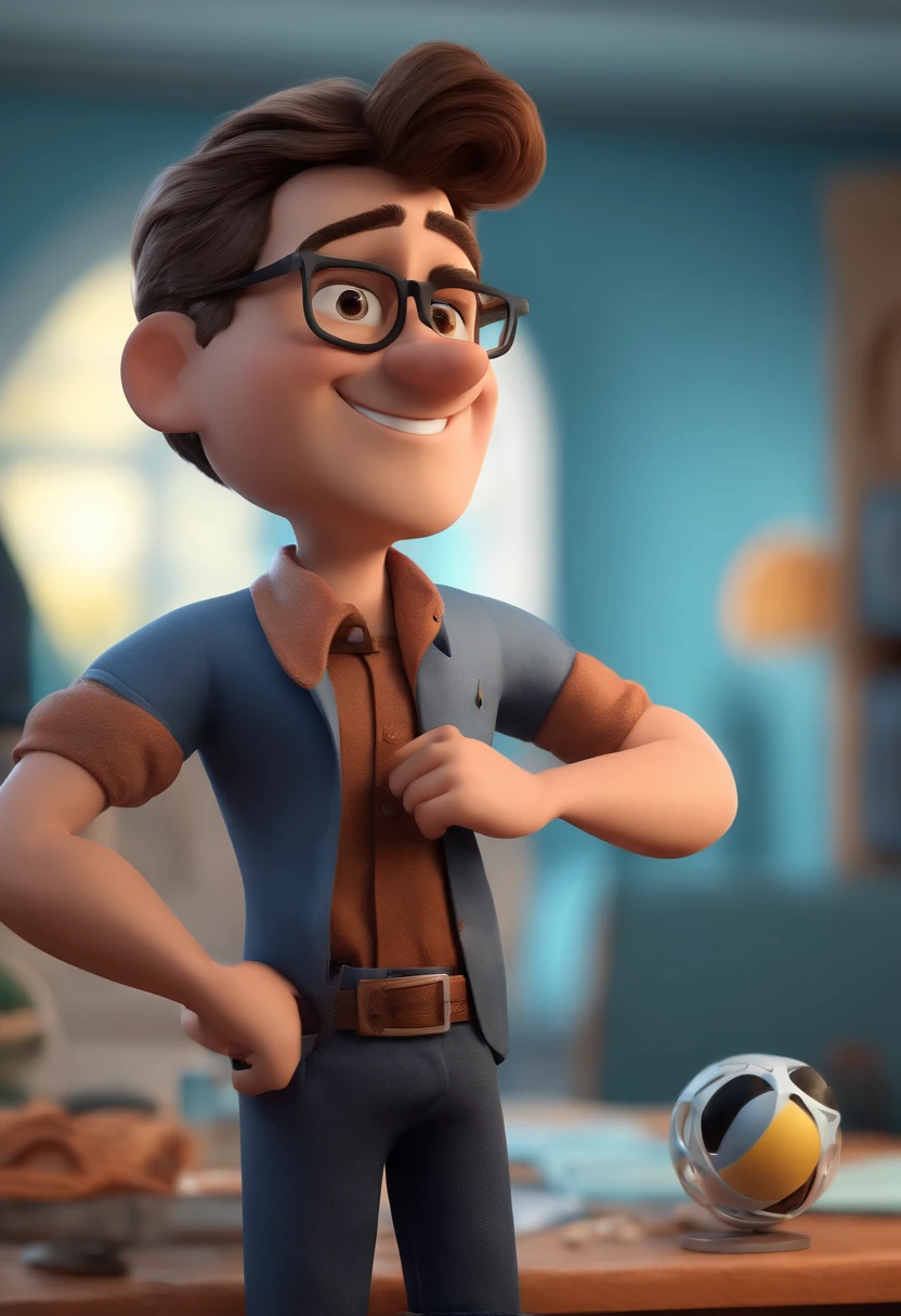 Cartoon character of a man with black glasses and a blue shirt, animation character, Caractere estilizado, animation style rendering, 3D estilizado, Arnold Maya render, 3 d render stylized, toon render keyshot, Personagem 3D, Personagem 3D, 3d rendering stylized, 3 d character render, personagem de desenho animado, Personagem de close up, Pose de personagem, (Estilo Pixar) (master part:1.2) (Bokeh) (best quality) (pele detalhada) (textura detalhada) (8k) (argila) (Cinematic lighting) (foco nítido