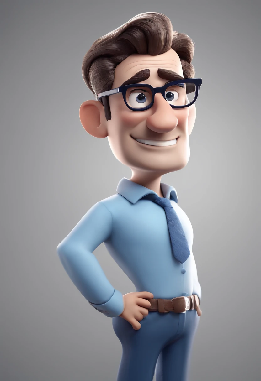 Cartoon character of a man with black glasses and a blue shirt, animation character, Caractere estilizado, animation style rendering, 3D estilizado, Arnold Maya render, 3 d render stylized, toon render keyshot, Personagem 3D, Personagem 3D, 3d rendering stylized, 3 d character render, personagem de desenho animado, Personagem de close up, Pose de personagem,  (Estilo Pixar) (master part:1.2) (Bokeh) (best quality) (pele detalhada) (textura detalhada) (8k) (argila) (Cinematic lighting) (foco nítido