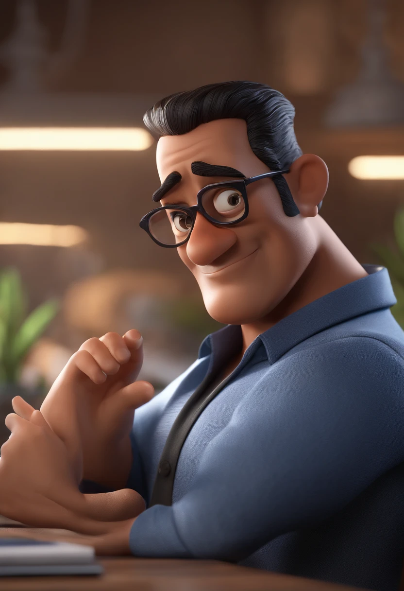Cartoon character of a man with black glasses and a blue shirt, animation character, Caractere estilizado, animation style rendering, 3D estilizado, Arnold Maya render, 3 d render stylized, toon render keyshot, Personagem 3D, Personagem 3D, 3d rendering stylized, 3 d character render, personagem de desenho animado, Personagem de close up, Pose de personagem, (Estilo Pixar) (master part:1.2) (Bokeh) (best quality) (pele detalhada) (textura detalhada) (8k) (argila) (Cinematic lighting) (foco nítido