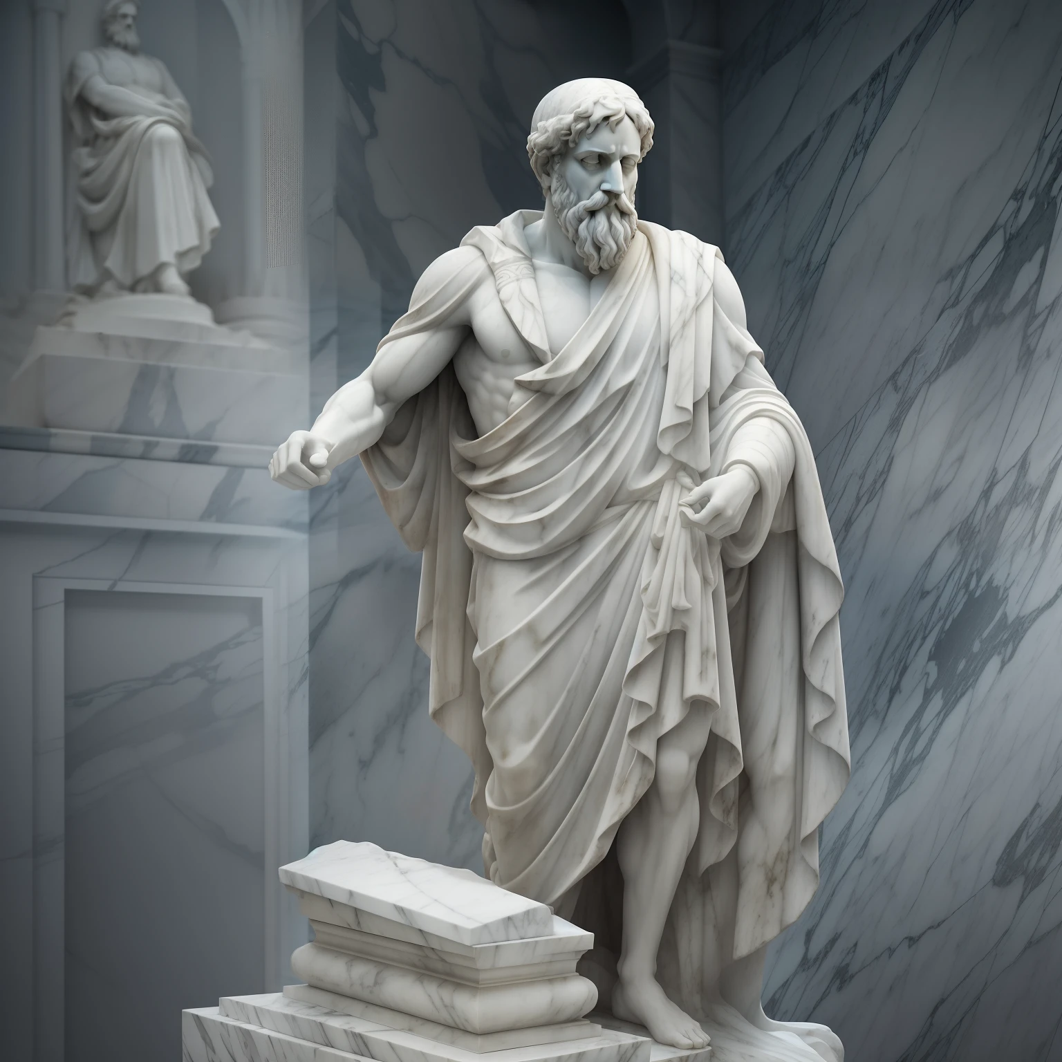 A realistic Greek white marble statue of the brave Aristotle detailed wearing a ghostly toga, fundo neutro, Moody, , fotorrealista, Jantar de cinema atencioso, super detalhada, Hiper realista, luzes brilhantes, 8 mil