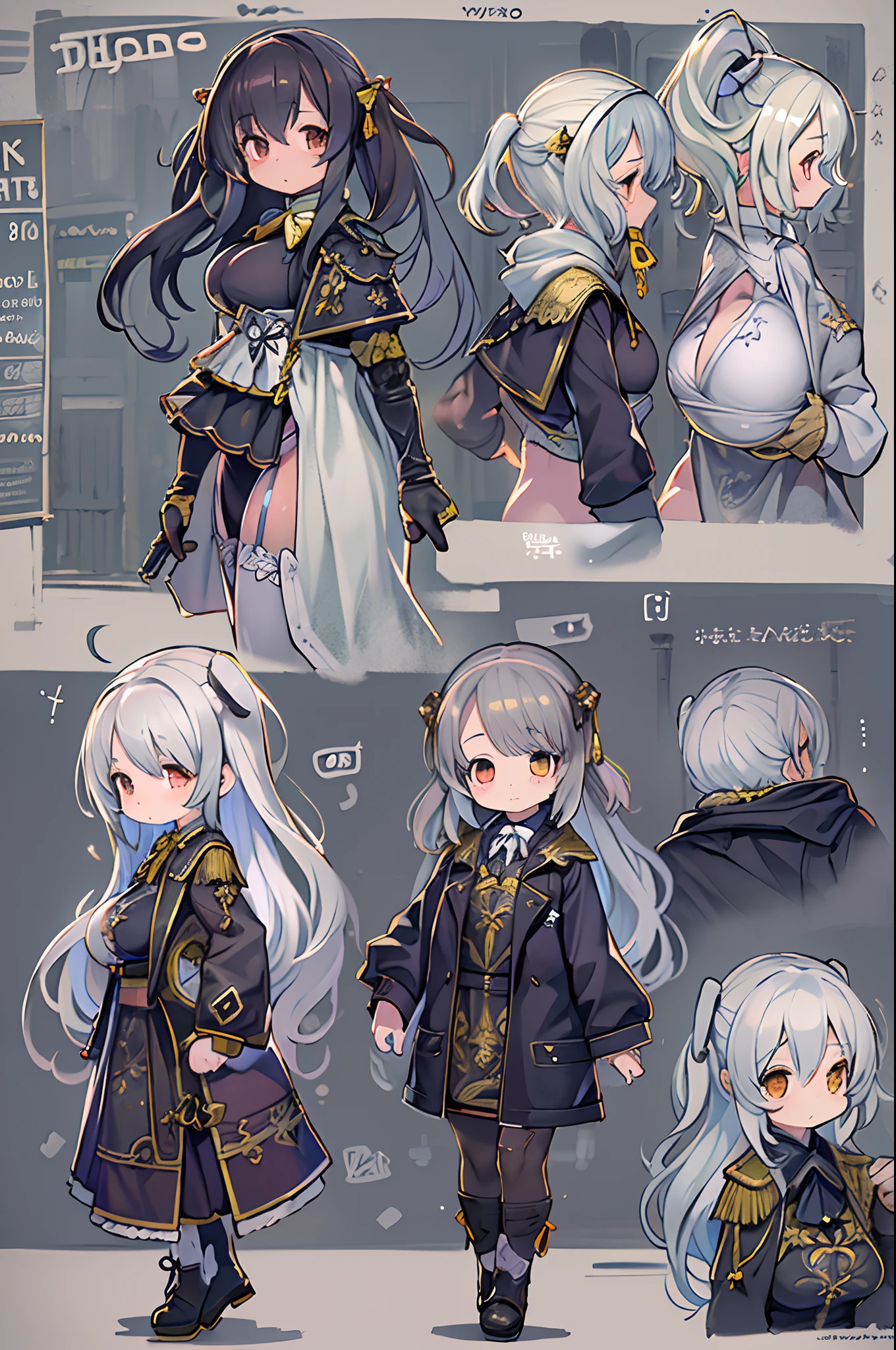 masutepiece, Great fashion, (Fashion Costumes), (Illustration), (2 people),(2girls:1.3) 、12-year-old young couple, lesbian、Girls to girls、(Russian mil style), Fashion, Silver hair, (Long hair), (hair messy), (White skin), (dark circles), Handsome, Dance Steps, trending, dark gray,, close up, (grand background), (Chiaroscuro)), Fine facial details, Facial details, Cinematic lighting, (depth of fields), nffsw, (Upper body), Black background、Chibi