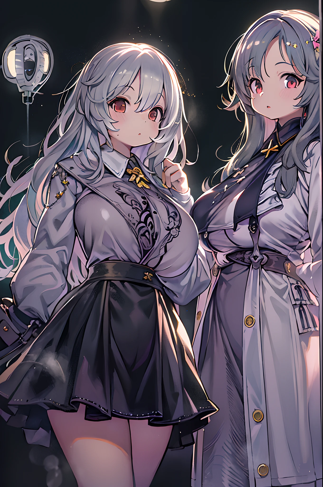 masutepiece, Great fashion, (Fashion Costumes), (Illustration), (2 people),(2girls:1.3) 、-yeld yo couple, lesbian、Girls to girls、(Russian mil style), Fashion, Silver hair, (Long hair), (hair messy), (White skin), (dark circles), Handsome, Dance Steps, trending, dark gray,, close up, (grand background), (Chiaroscuro)), Fine facial details, Facial details, Cinematic lighting, (depth of fields), nffsw, (Upper body), Black background、Chibi