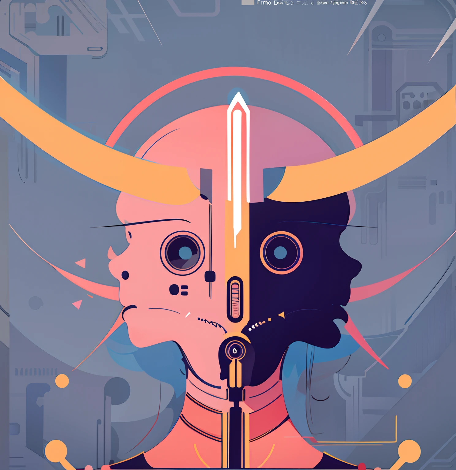 Digital illustration art,2d digital illustration,2D digital art,2d vector art,2d vector art,((Lots of details)),Black and white contrast,Lots of details,droid,Technology elements,2D plane,planar