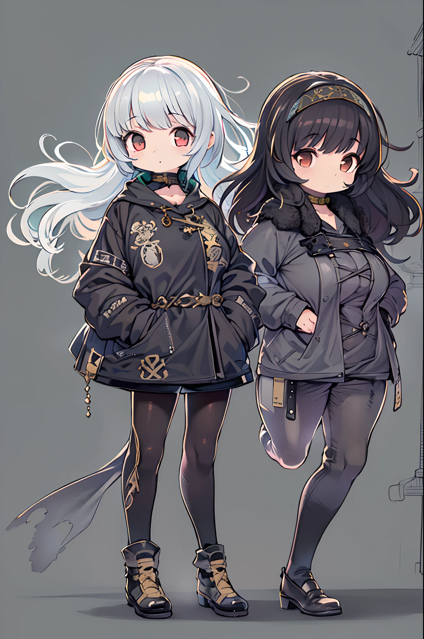 masutepiece, Great fashion, (Fashion Costumes), (Illustration), (2 people),(2girls:1.3) 、12-year-old young couple, lesbian、Girls to girls、(Russian mil style), Fashion, Silver hair, (Long hair), (hair messy), (White skin), (dark circles), Handsome, Dance Steps, trending, dark gray,, close up, (grand background), (Chiaroscuro)), Fine facial details, Facial details, Cinematic lighting, (depth of fields), nffsw, (Upper body), Black background、Chibi