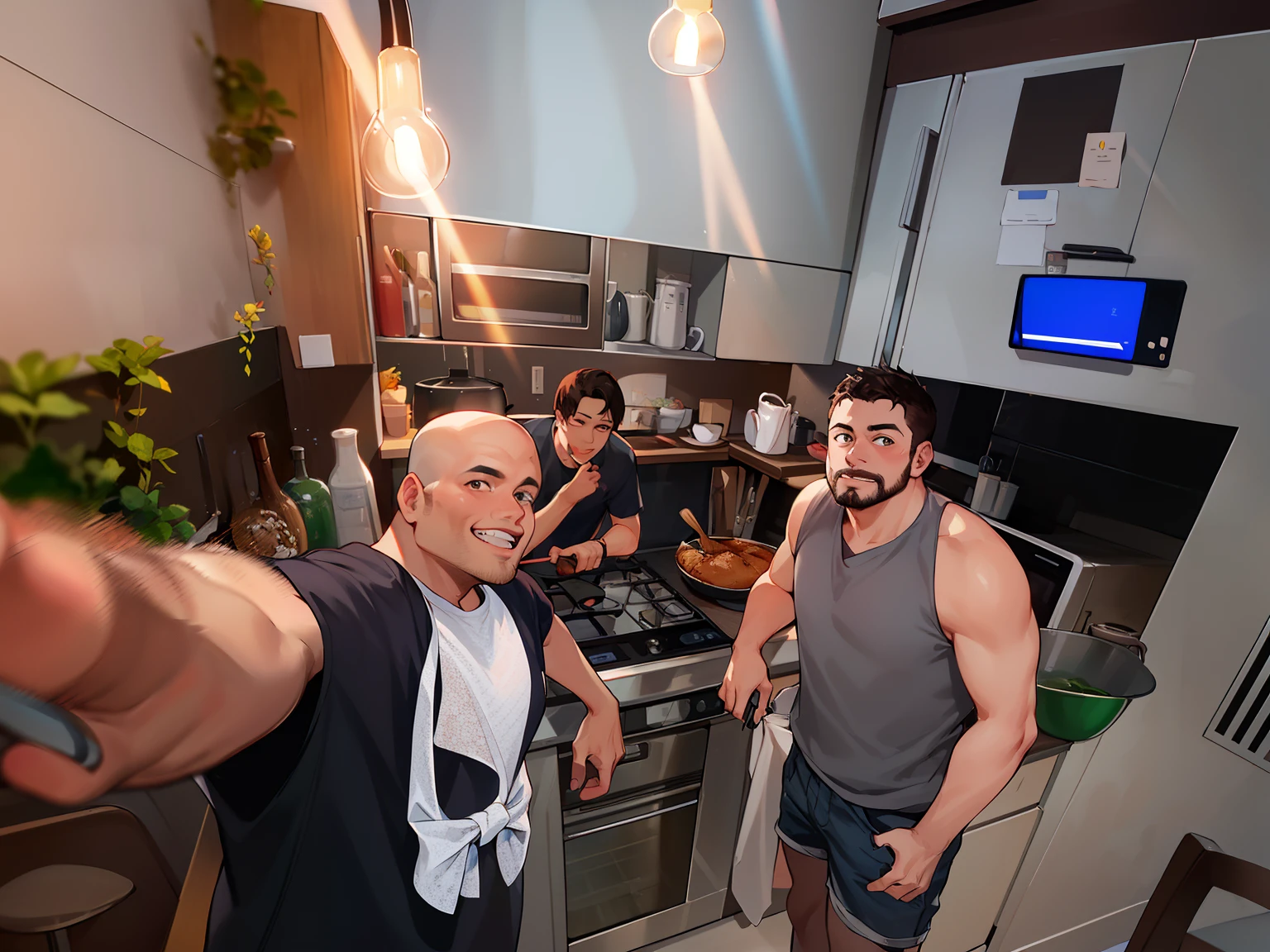 There's two men standing in a kitchen with a TV on, Directed by: Nandor Soldier, cooking show, na cozinha, Directed by: Luis Miranda, servidor no meio, facebook post, Directed by: Felipe Seade, peixes no fundo, Directed by: Samuel Silva, Capturado no iPhone, cozinhando-o, Edon Guraziu, photo taken at night