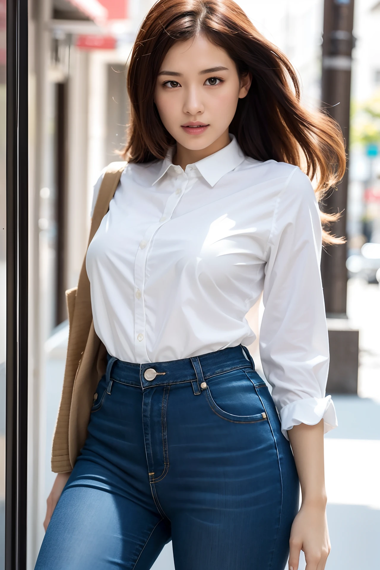 jeans,White shirt,Street,1girl in,Shiny skin,Sexy Pose,Best Quality,masutepiece,Illustration,extremely delicate and beautiful,nffsw,8K Wallpaper,amazing,finely detail,Official art,Highly detailed ticker Unity 8k wallpaper,unbelievable Ridiculous,huge filesize,Ultra-detailed,hight resolution,Extremely detailed,Beautiful detailed girl,Realistic,X-ray,full frontal,