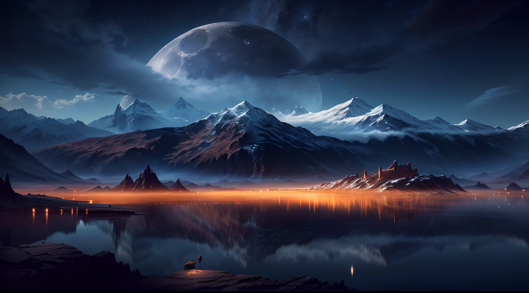 mountains and a lake with a moon in the sky, 4k highly detailed digital art, 4 k hd wallpaper very detailed, impressive fantasy landscape, sci-fi fantasy desktop wallpaper, unreal engine 4k wallpaper, 4k detailed digital art, sci-fi fantasy wallpaper, epic dreamlike fantasy landscape, 4k hd matte digital painting, 8k stunning artwork