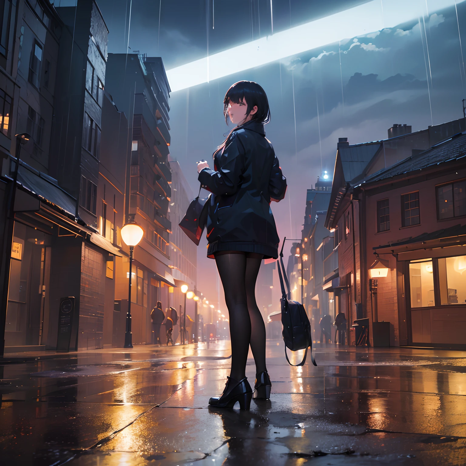 (best quality,4k,8k,highres,masterpiece:1.2),ultra-detailed,(realistic,photorealistic,photo-realistic:1.37), ((nighttime)), raining, rainy vibes,cityscape,glowing lights,shimmering reflections,