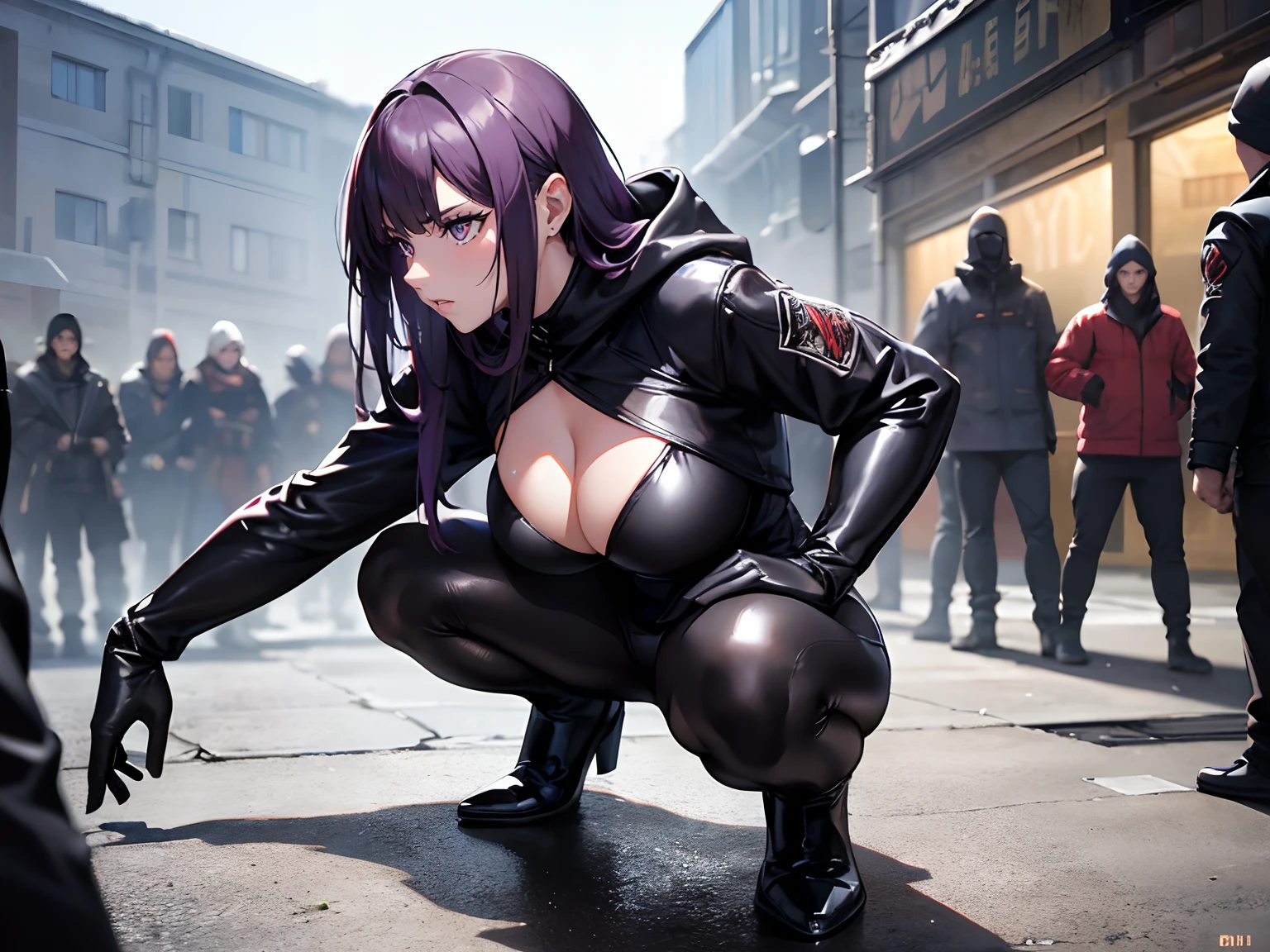 (Best quality,4K,8K,A high resolution,Masterpiece:1.2),Ultra-detailed,(Realistic,Photorealistic,photo-realistic:1.37),hdr,hyper HD,Studio lighting,Ultra-fine painting,Sharp focus,Physically-based rendering,Extreme detail description,professional,Horror,anime,Sci-fi,Photography,Concept artist,Five fingers,huge tit,Crazy swollen breasts, Buttock augmentation,Bursting chest,squatting on the ground, A 40-year-old female assassin fights with a large group of men,In the alleys at night,Dirt and long legs,Fitness model, She struck a fighting stance, Long purple hair,Wearing a black mask, The whites of the eyes and pupils are clearly colored,170cm tall,Fair skin,Wearing a black latex jumpsuit,A black hooded cloak was draped over his clothes, perspire, Wheezing, full bodyesbian,Cowboy shot,Look down from above, ((The men looked at her intently:1.5)), ((These people all put on a fighting posture:1.5)),((The men gathered around her in a circle:1.5)), Standing in Cospali Promotions,All roles,Shot with Canon 5D MK4,Cospali photo.