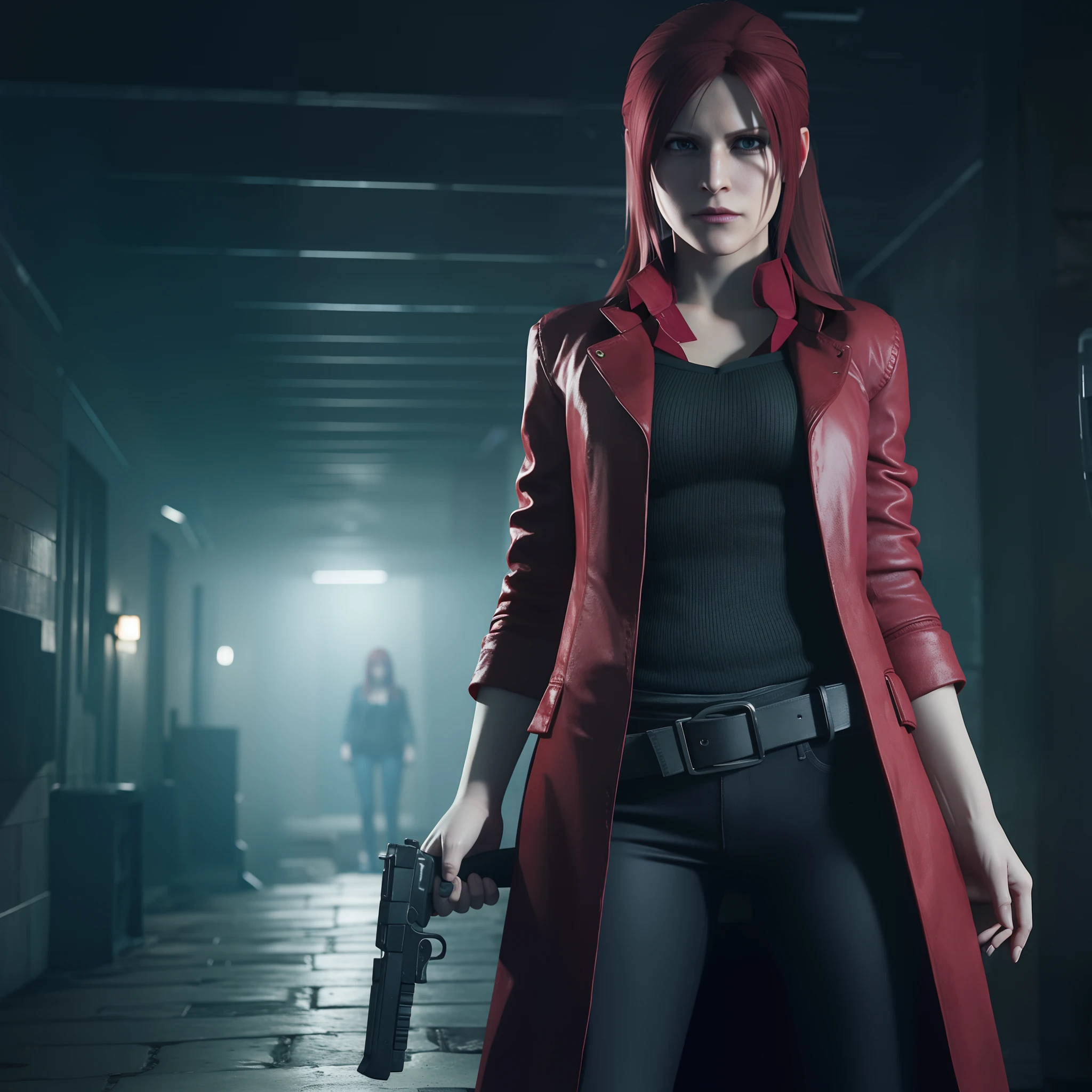 Claire Redfield 40 years old, beautiful face, shy, looking at viewer, very long red hair, perfect Face, black jeans, red long coat with black t-shirt, red nail polish, friendly face, glare, holding a gun