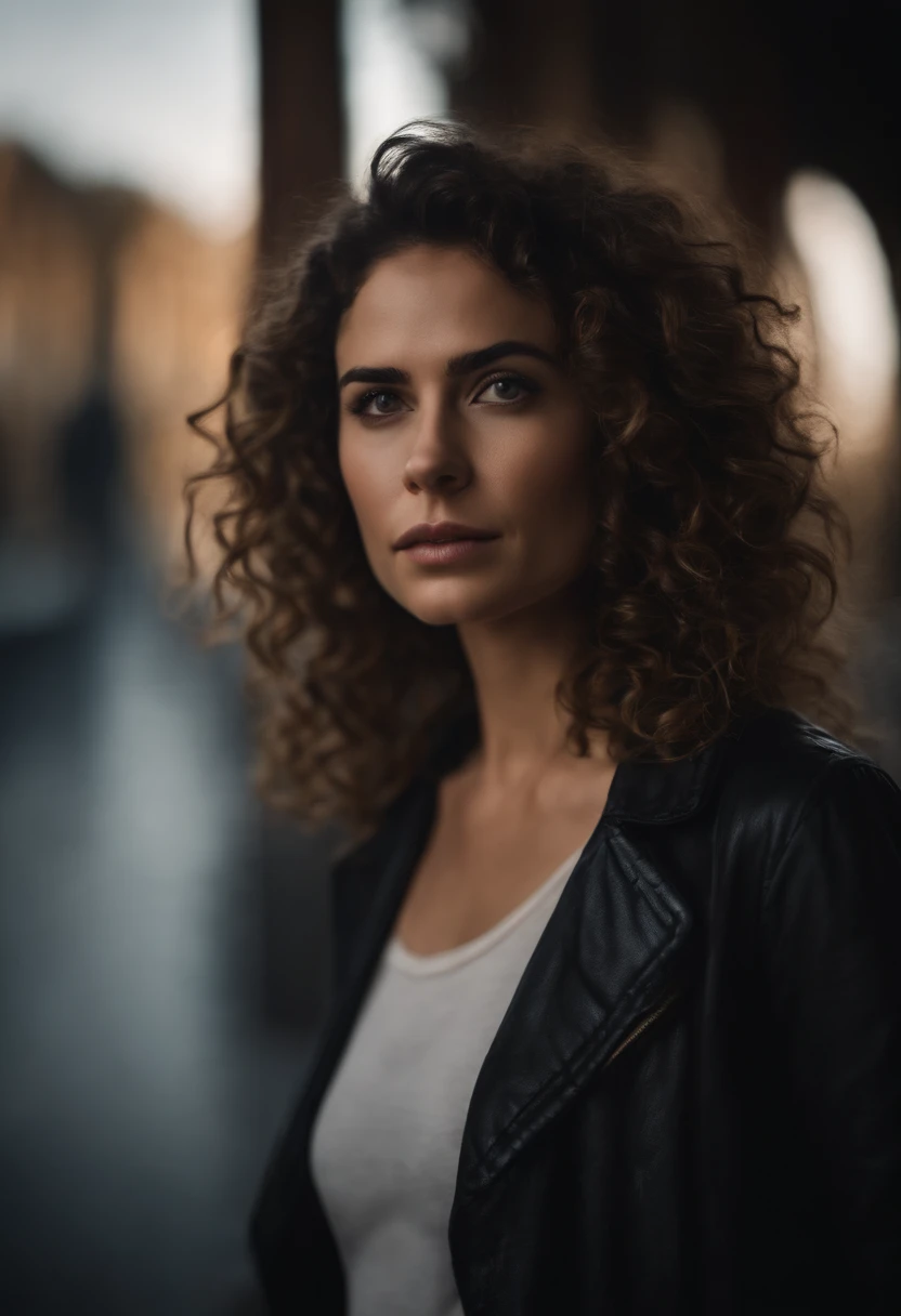 Woman Curly Hair Close To Shoulder Round Face Medium Eyes Curved Eyebrow Medium Mouth . Medium nose, small breast