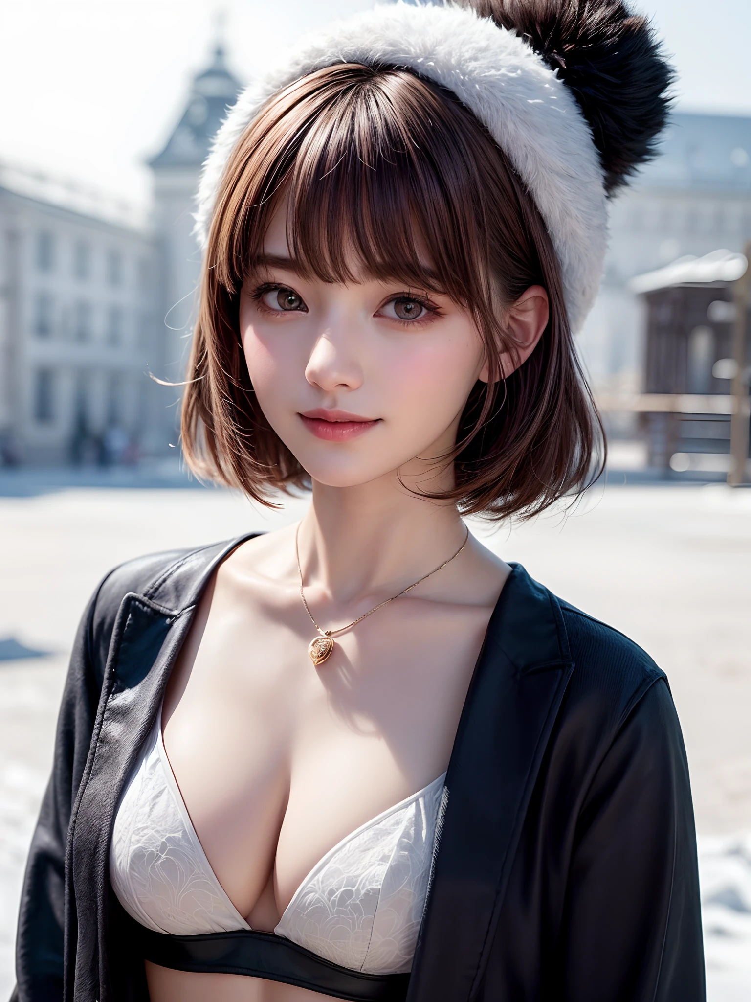(masterpiece, top-quality),1girl in, 独奏, A dark-haired, scarf, Hats, realisitic, realisitic, looking at the viewers, black eyes of light color, shorth hair, Brown coat, Winter clothes, White headscarf, s lips, bangss, plein air, a closed mouth, The upper part of the body、big eye、Lashes、((Beautiful landscape of sparkling snow))、(((Shorthair with bangs、big eye、large full breasts、gazing at viewer、Beautiful beauty、Put your ears out、long neck、little smiling、Close your mouth and smile)))、