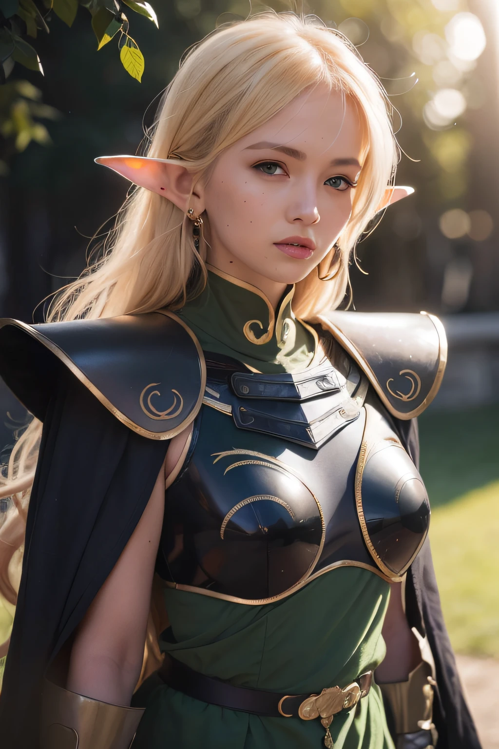 1 girl, blonde hair, long hair, elf, circlet, green eyes, elf ears, medium breasts, earrings, lips, makeup, bangs, armor, blue cape, shoulder armor, pauldrons, gloves, breastplate, belt, green dress, short dress, official art, perfect lighting, Colorful, Bright Front face Lighting, shiny skin, (masterpiece:1.2), (best quality:1.3), ultra high res, ultra detailed, 8K, HDR, (absurdres:1.2), Kodak portra 400, film grain, blurry background, (bokeh:1.2), lens flare, (vibrant color:1.2), professional photography, (beautiful face:1.5),