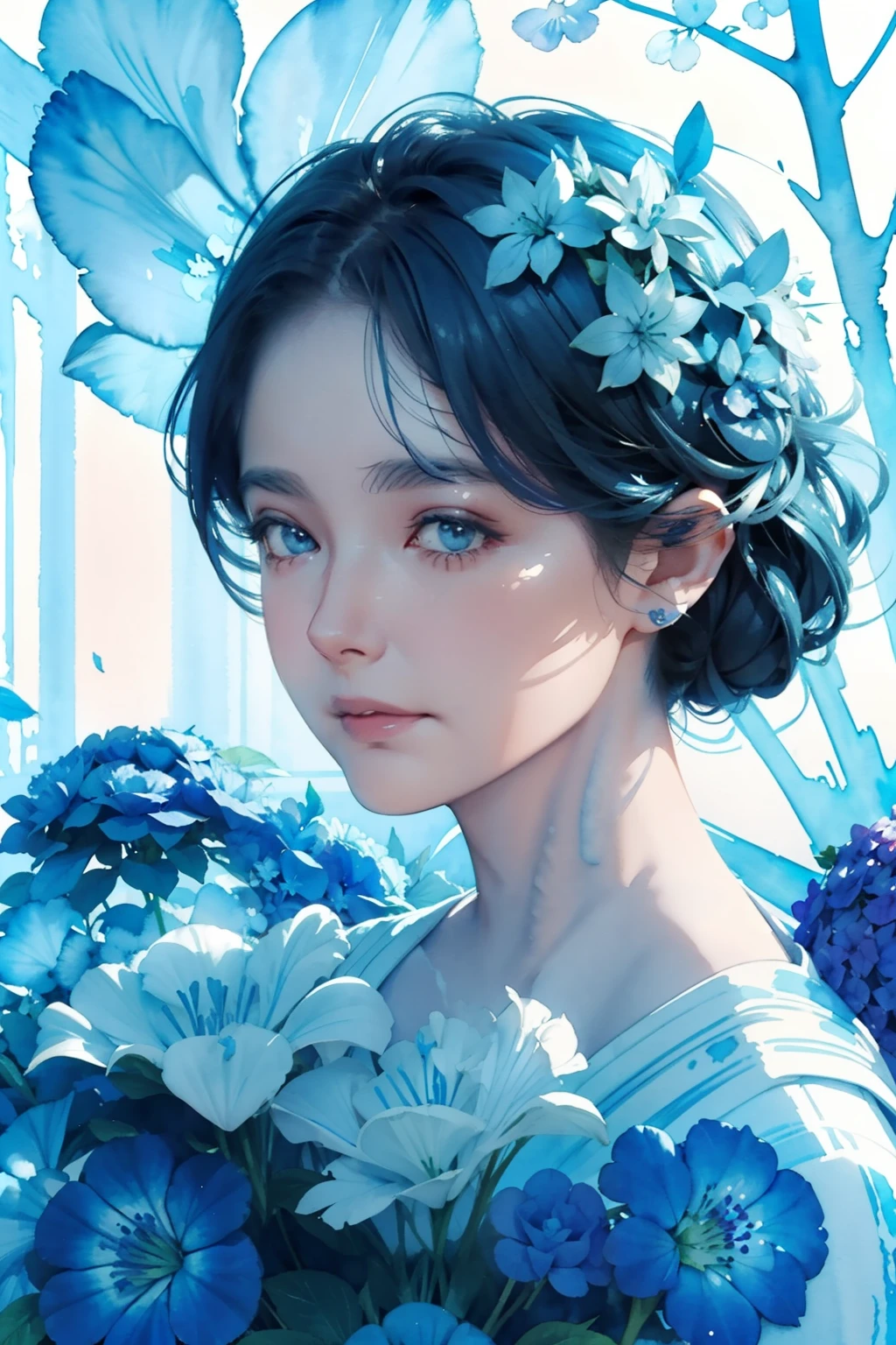 1girl, wearing hydrangea blue flower on her head, Lisianthus ,in the style of light blue and cobalt, dreamy and romantic compositions, pale pink, ethereal foliage, playful arrangements,fantasy, high contrast, ink strokes, explosions, over exposure, blue and light blue tone impression , abstract, ((watercolor painting by John Berkey and Jeremy Mann )) brush strokes, negative space