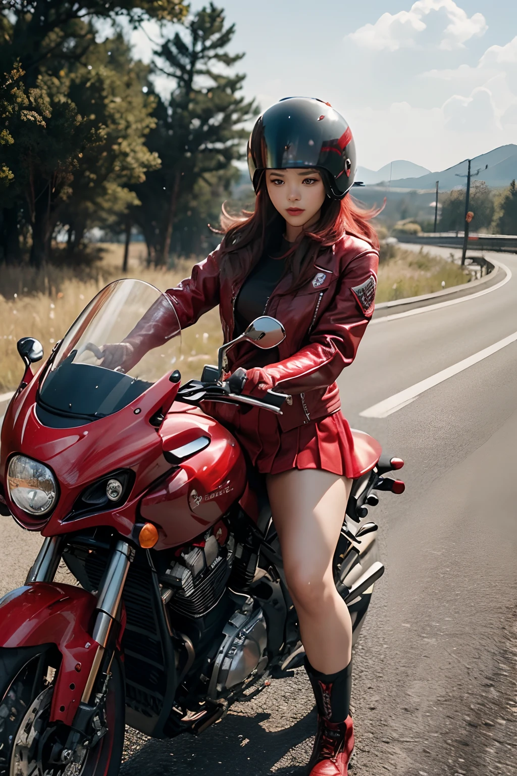 hight resolution、high-level image quality、in 8K、Real live-action、Raw photography、top-quality、masterpiece、masutepiece、(Soft Saturation:1)、(depth of fields:1.2)、(Ray traching:1.2)、heavy wind、Big red motorcycle speeding down the highway、Young woman in red dress sitting on a big red motorcycle, Beautiful face、(Red skin jacket:1.2)、(red short skirt:1.3)、white knee highs、Black boots、Grab the controller、sitting on a motorcycle, Wearing a full-face helmet, full face helmet:1.2、Riding a motorcycle, motor cycle, Motorcycles, motorbiker, riding on motorcycle, picture of a female biker, motorbike,Motorcycle displacement: 1300CC、